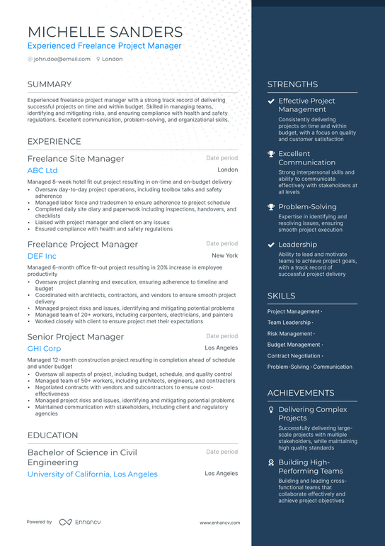 Freelance Project Manager Resume Example