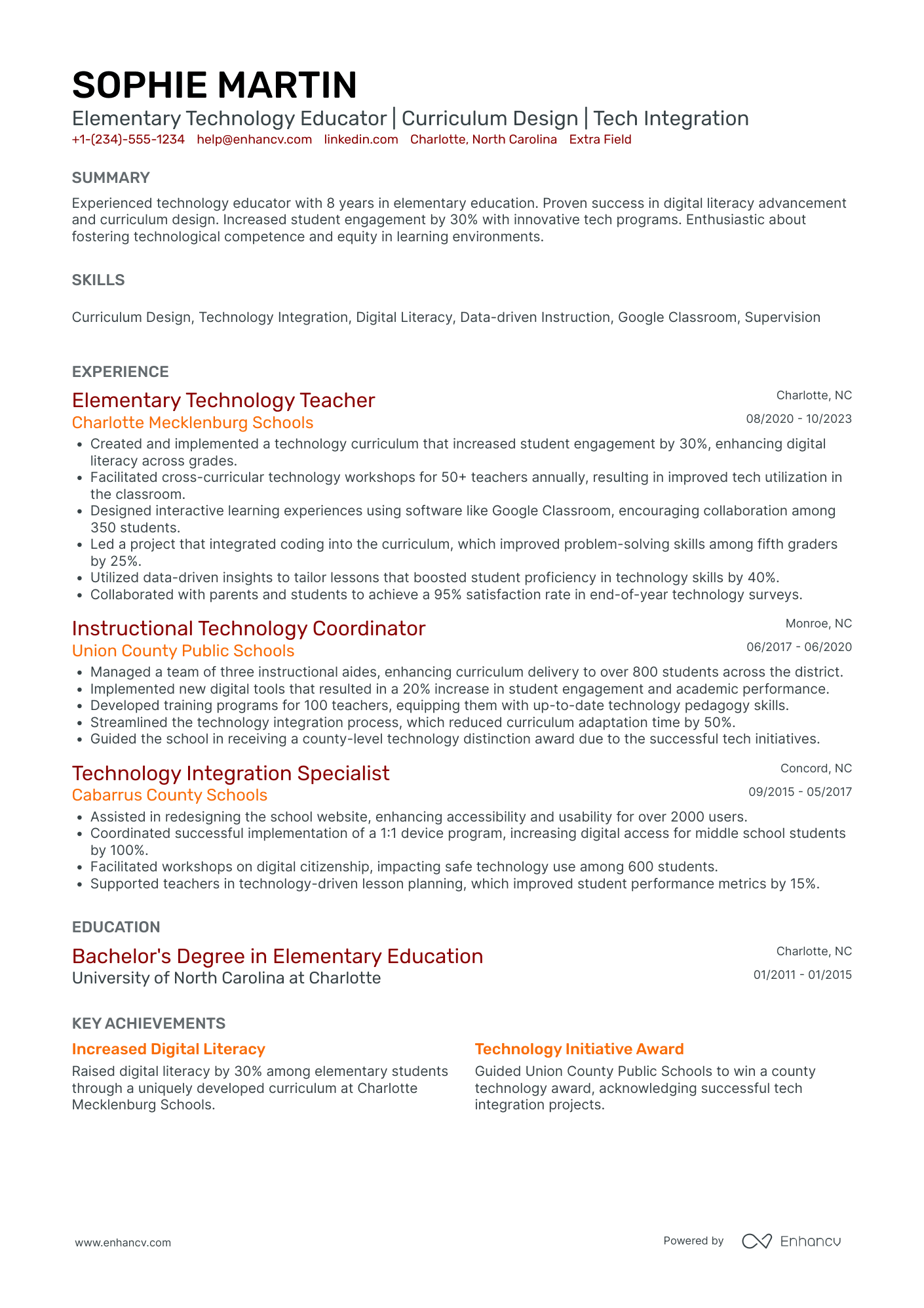 Elementary School Technology Teacher Resume Example