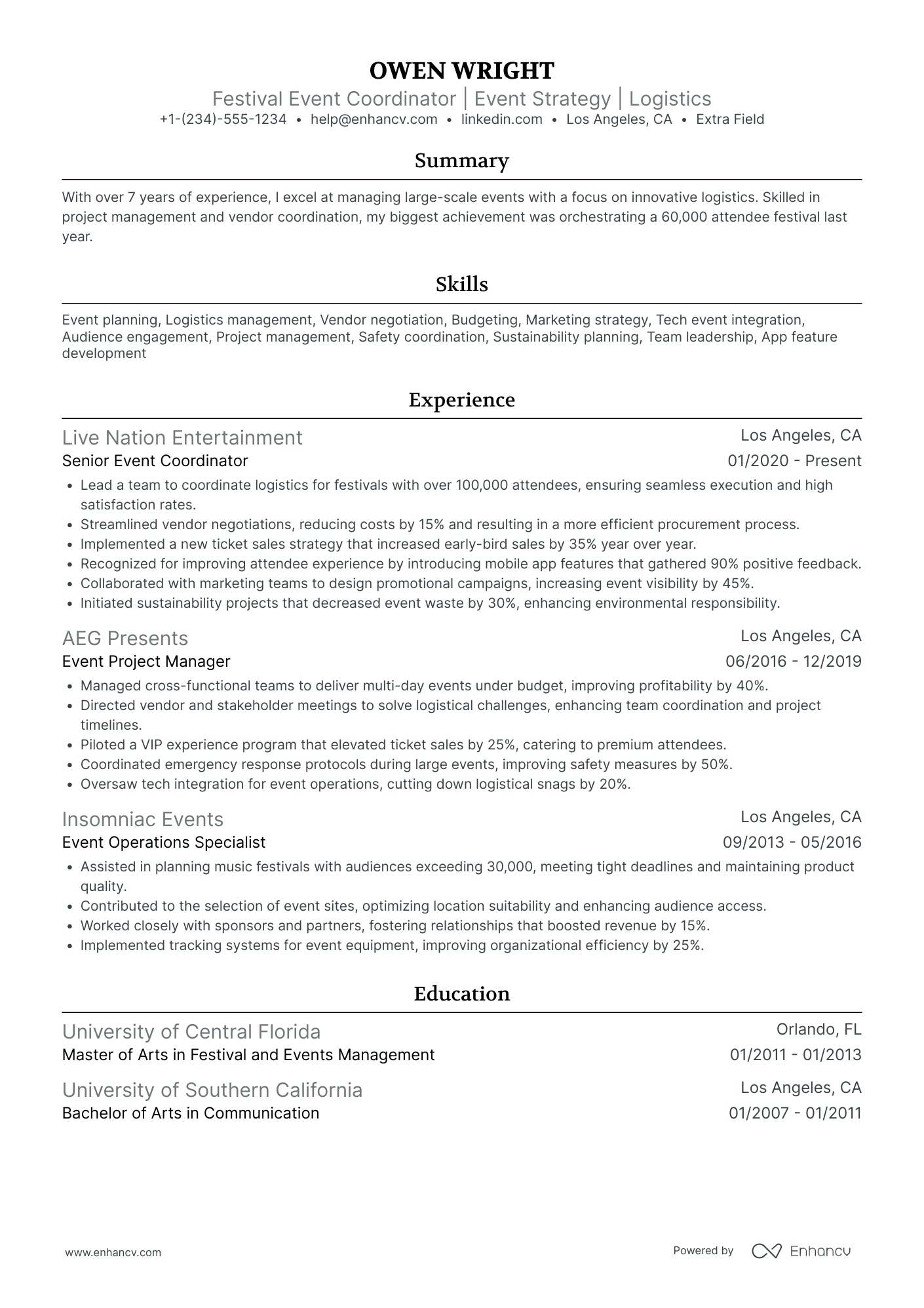 Festival Event Coordinator Resume Example