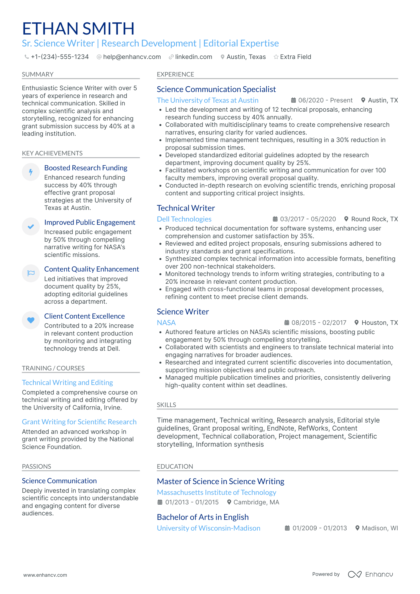 Science Writer Resume Example