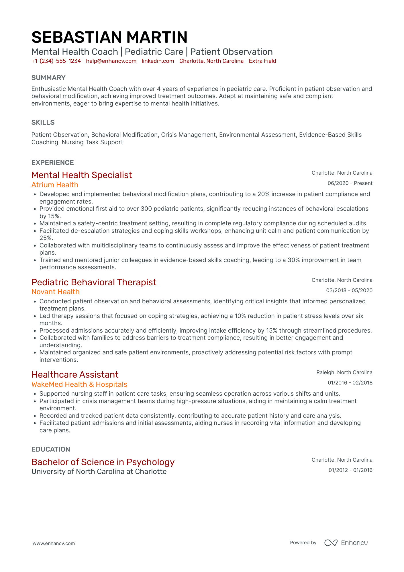 Mid Level Mental Health Coach Resume Example