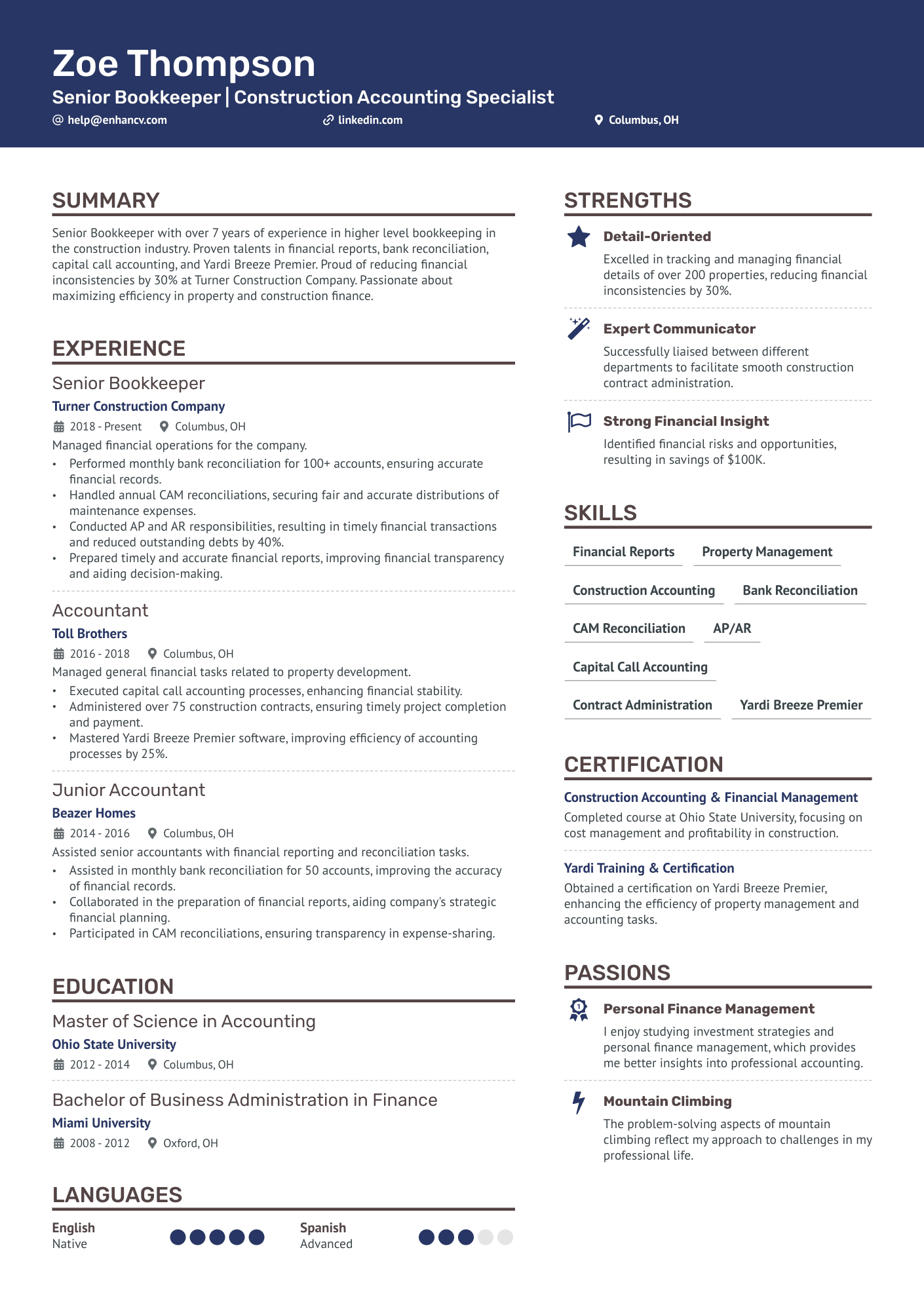 Property Management Bookkeeper Resume Example