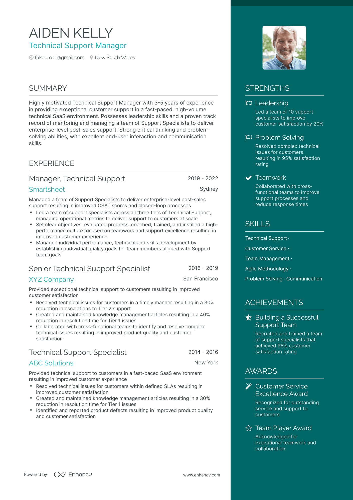 Technical Support Manager Resume Example