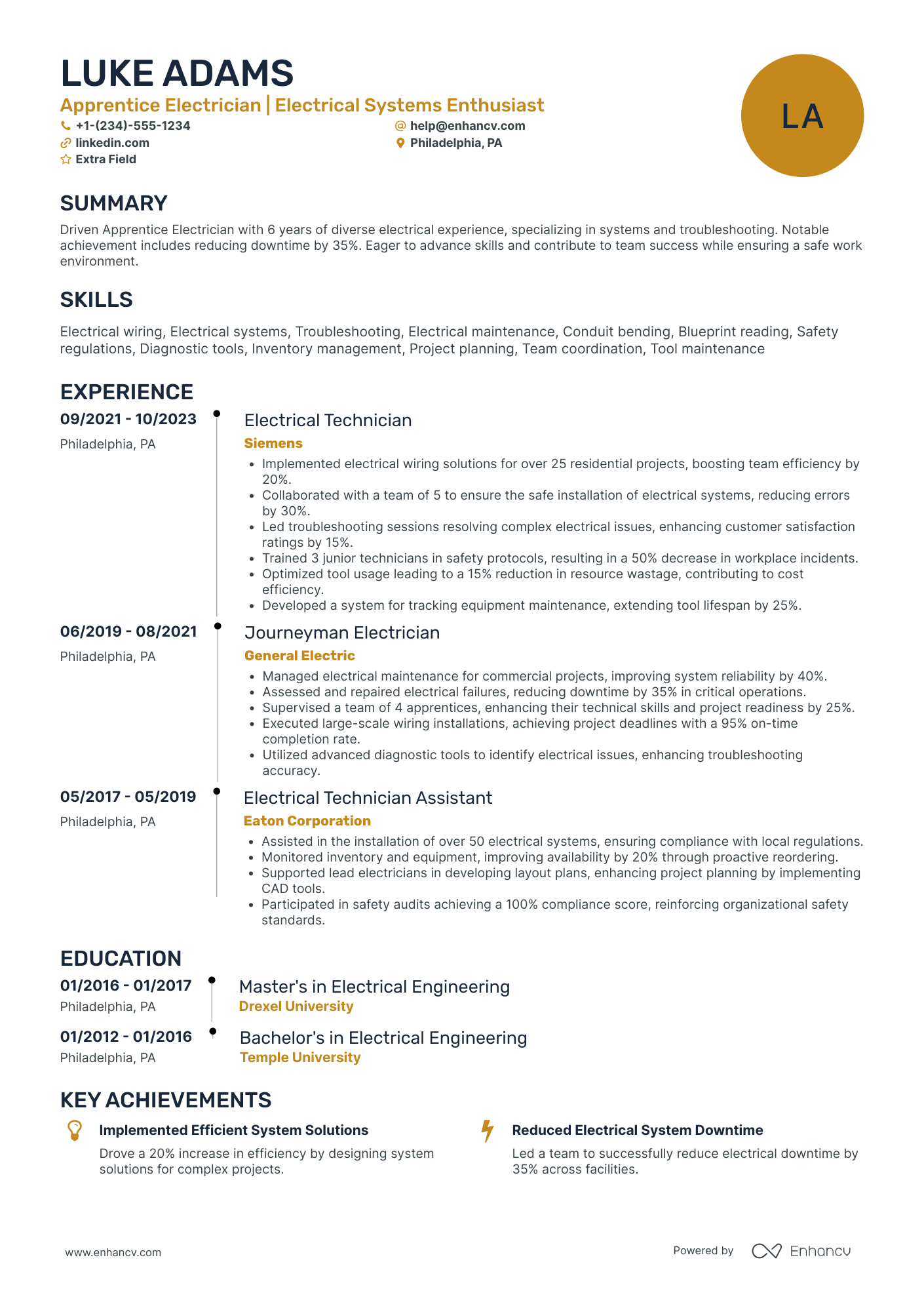 Apprentice Electrician Resume Example