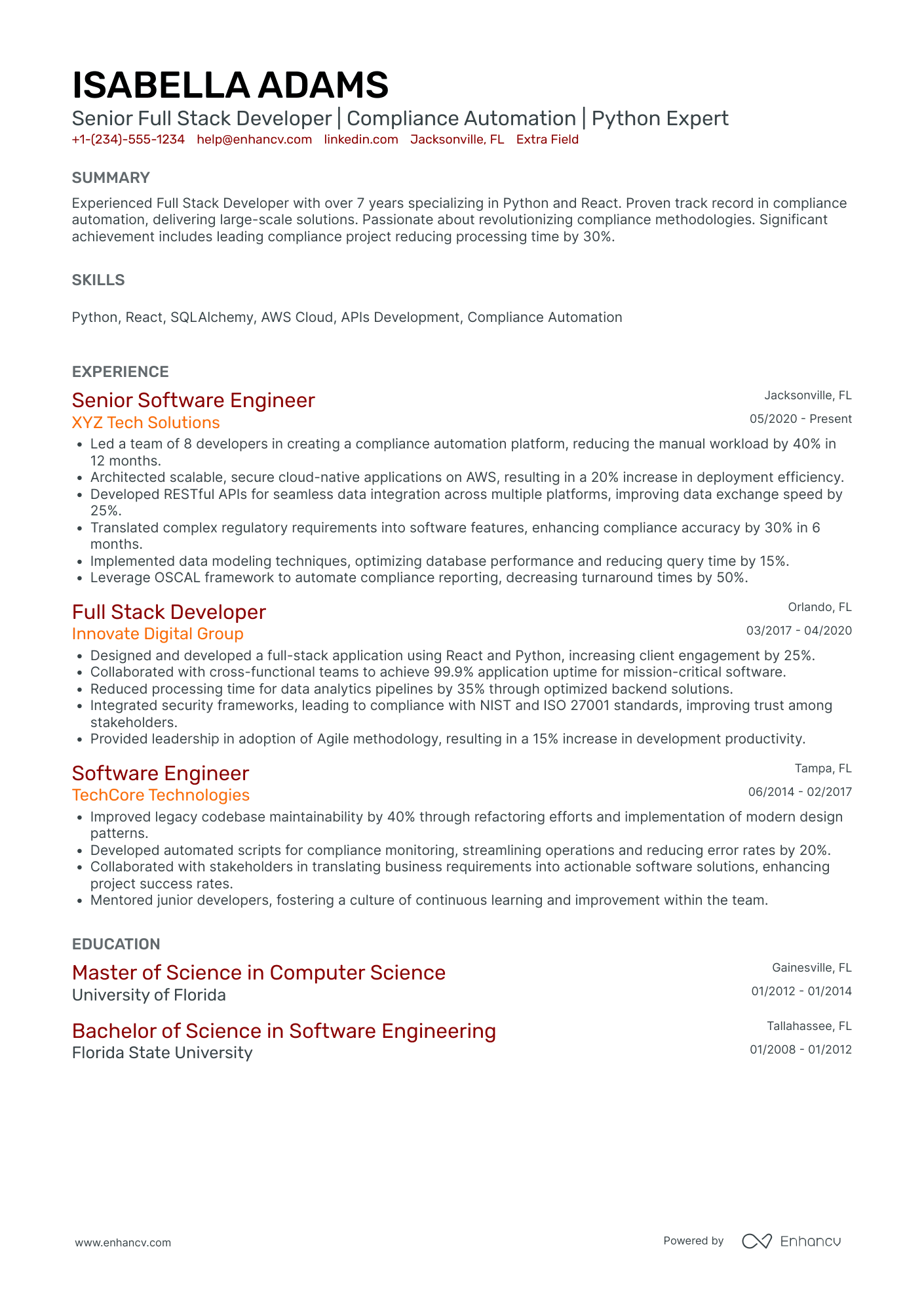 Senior Full Stack Developer Resume Example