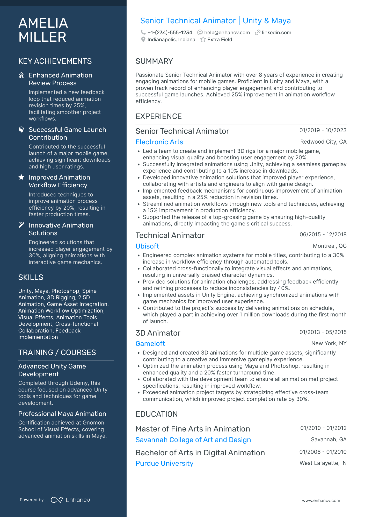 Senior Technical Animator Resume Example