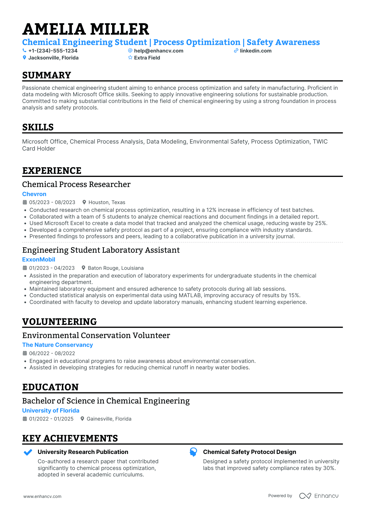 Chemical Engineering Intern Resume Example