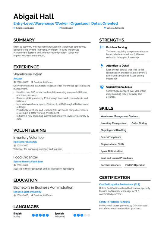 Entry Level Warehouse Worker Resume Example