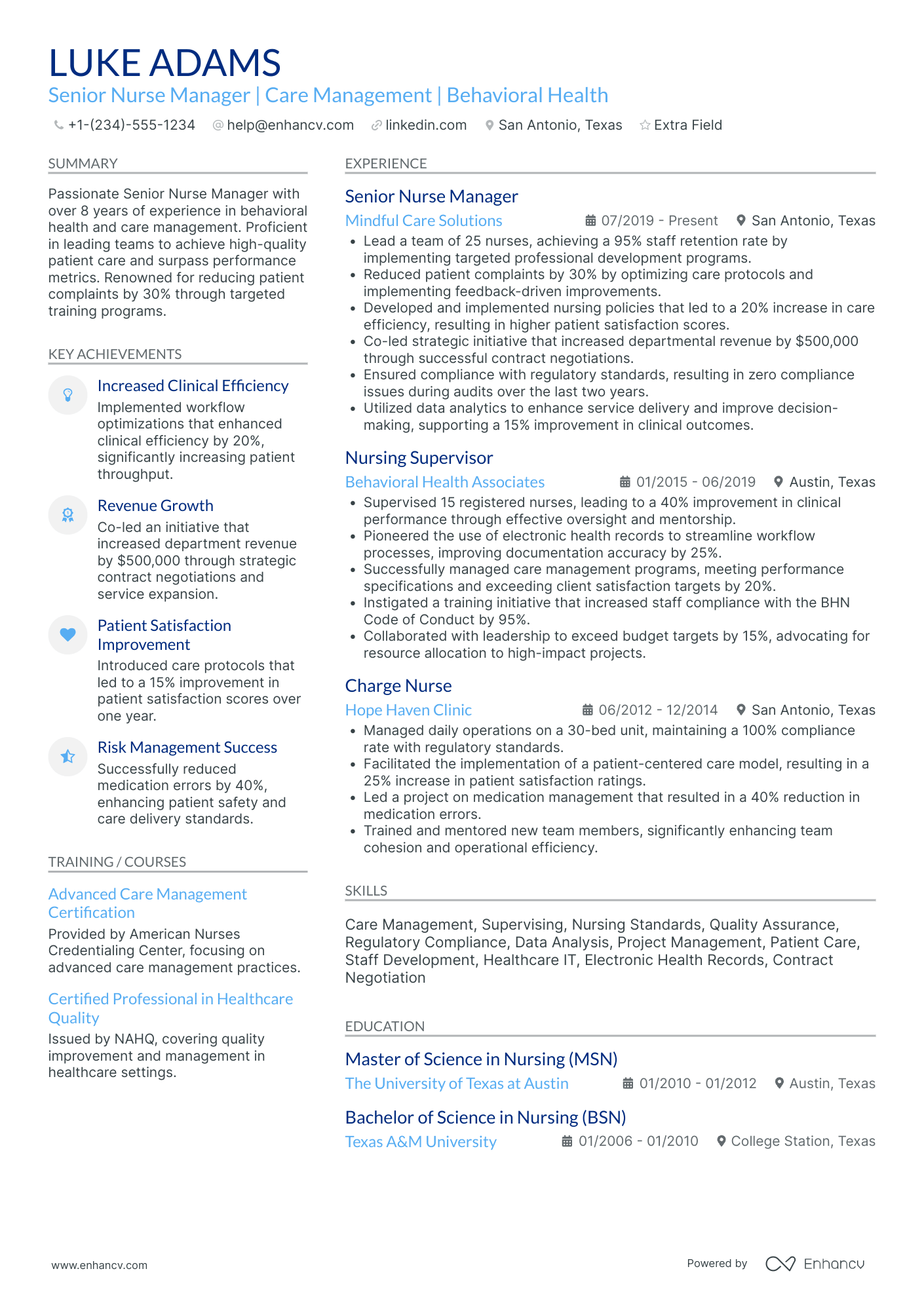 Senior Nurse Manager Resume Example