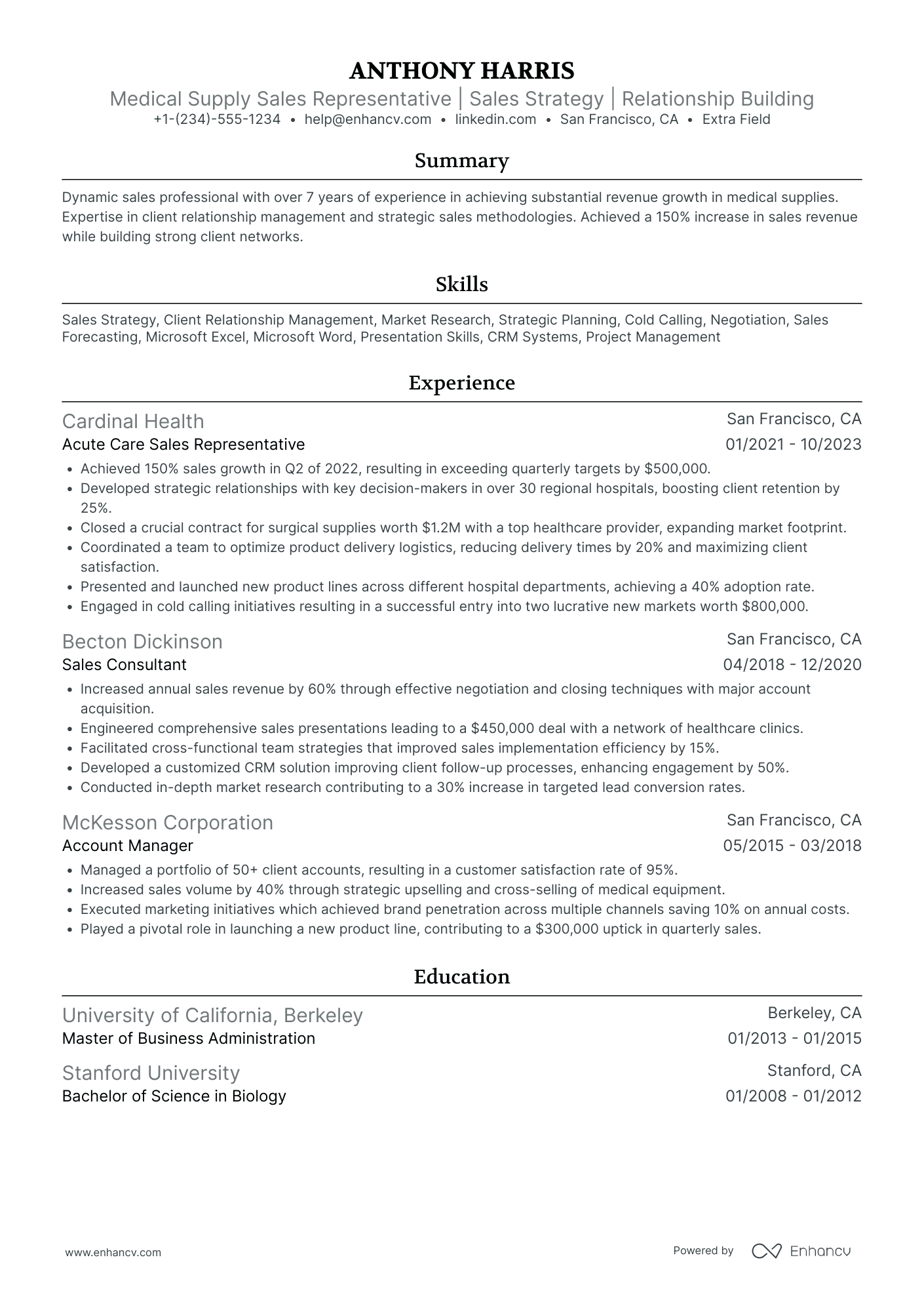 Medical Sales Representative Resume Example