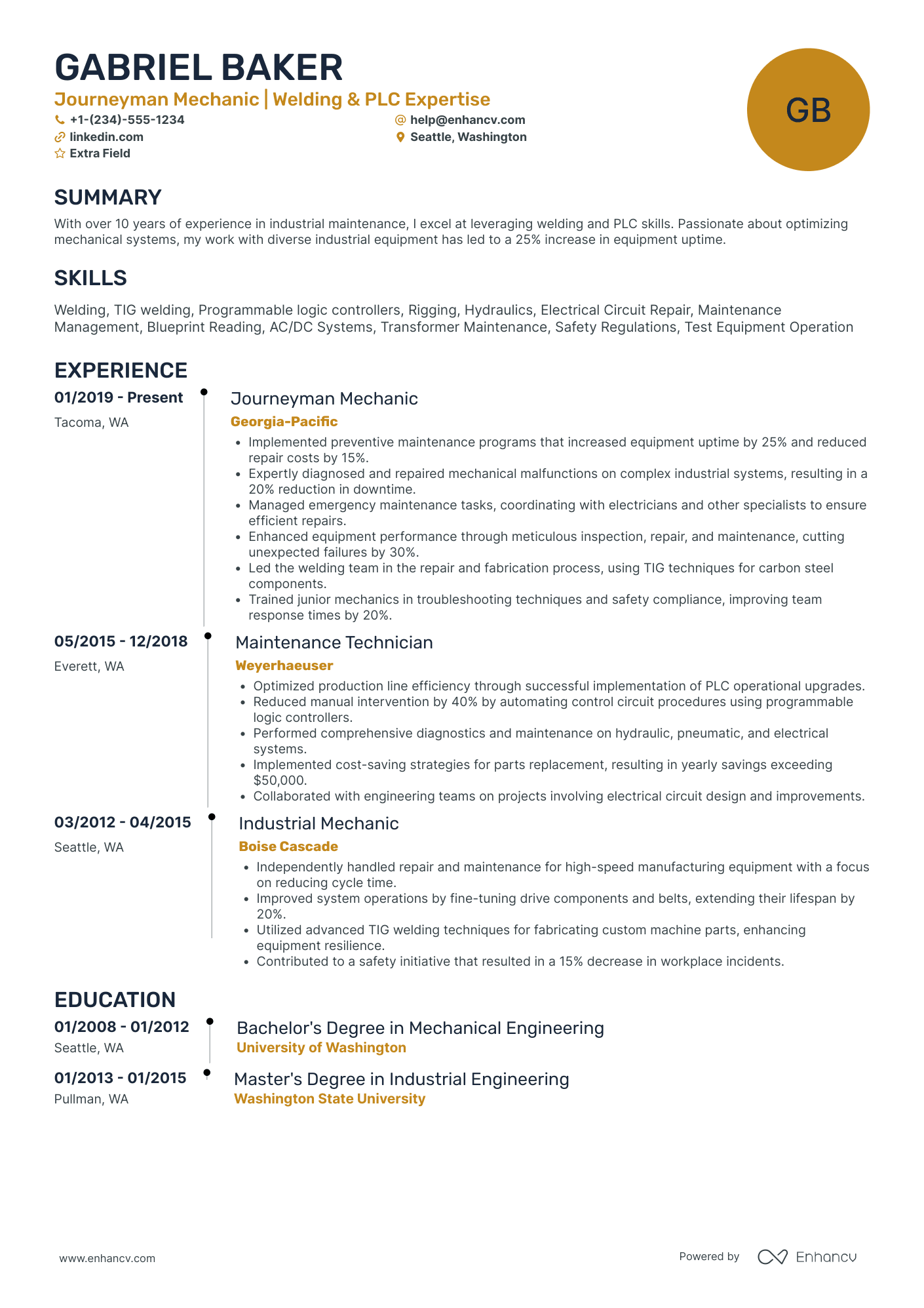 Journeyman Mechanic Resume Example