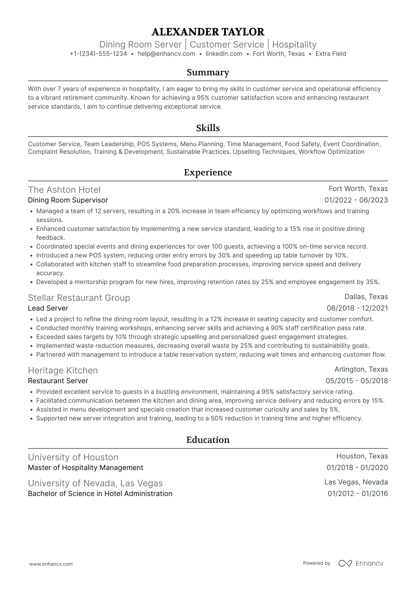 Fine Dining Waiter Resume Example