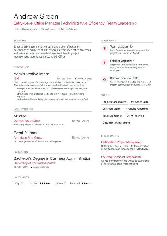 Entry Level Office Manager Resume Example