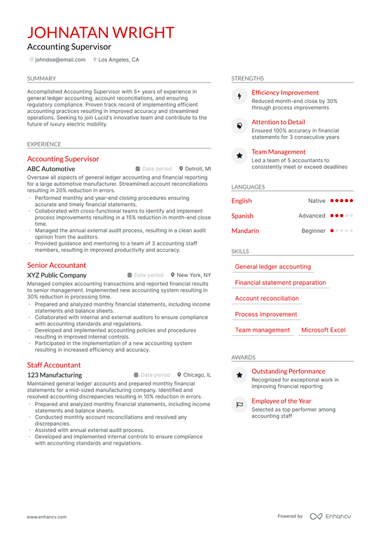 Accounting Supervisor Resume Example