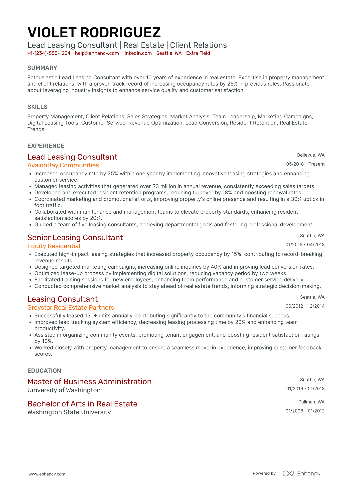 Lead Leasing Consultant Resume Example