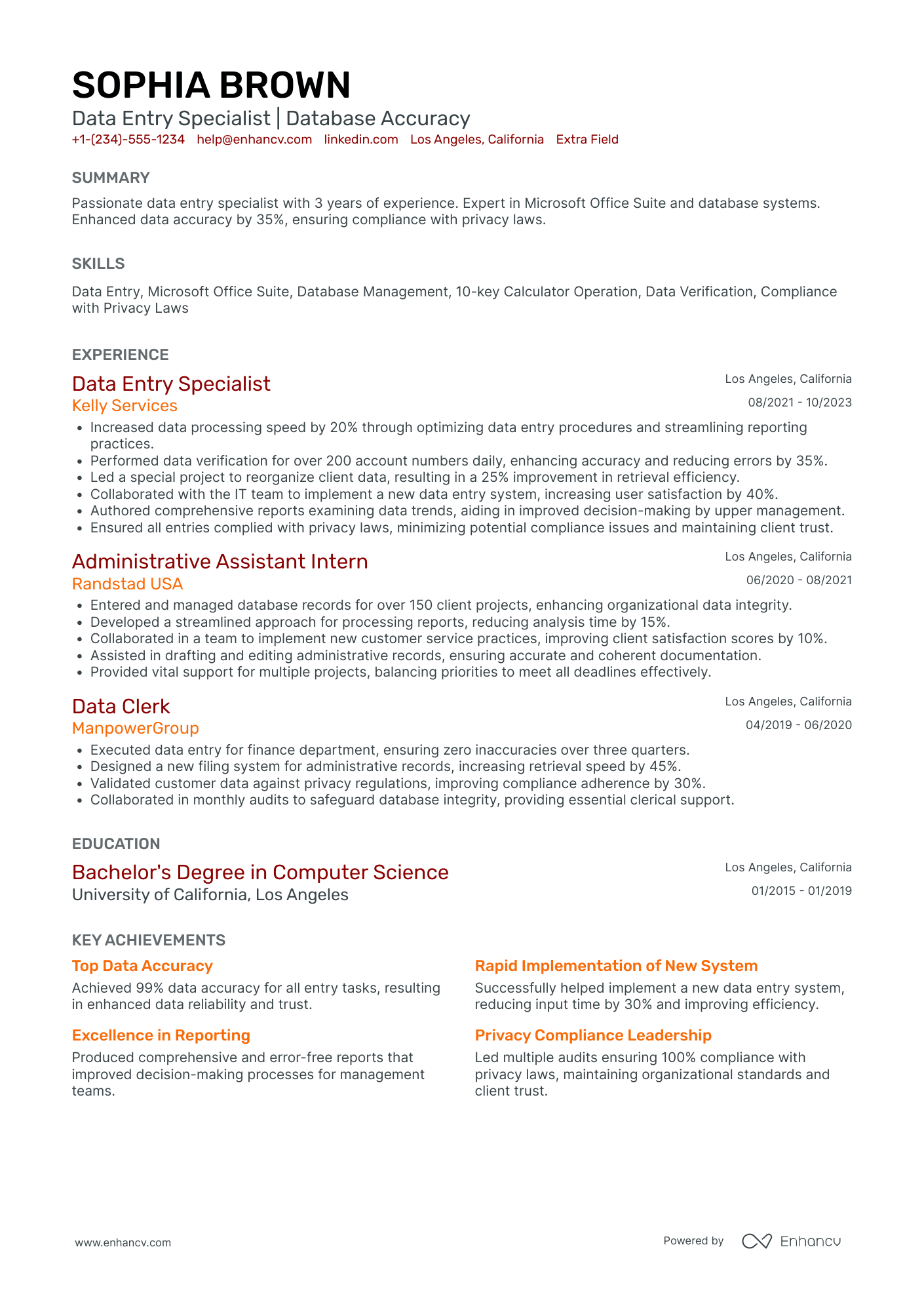 Junior Data Entry Clerk Resume Example