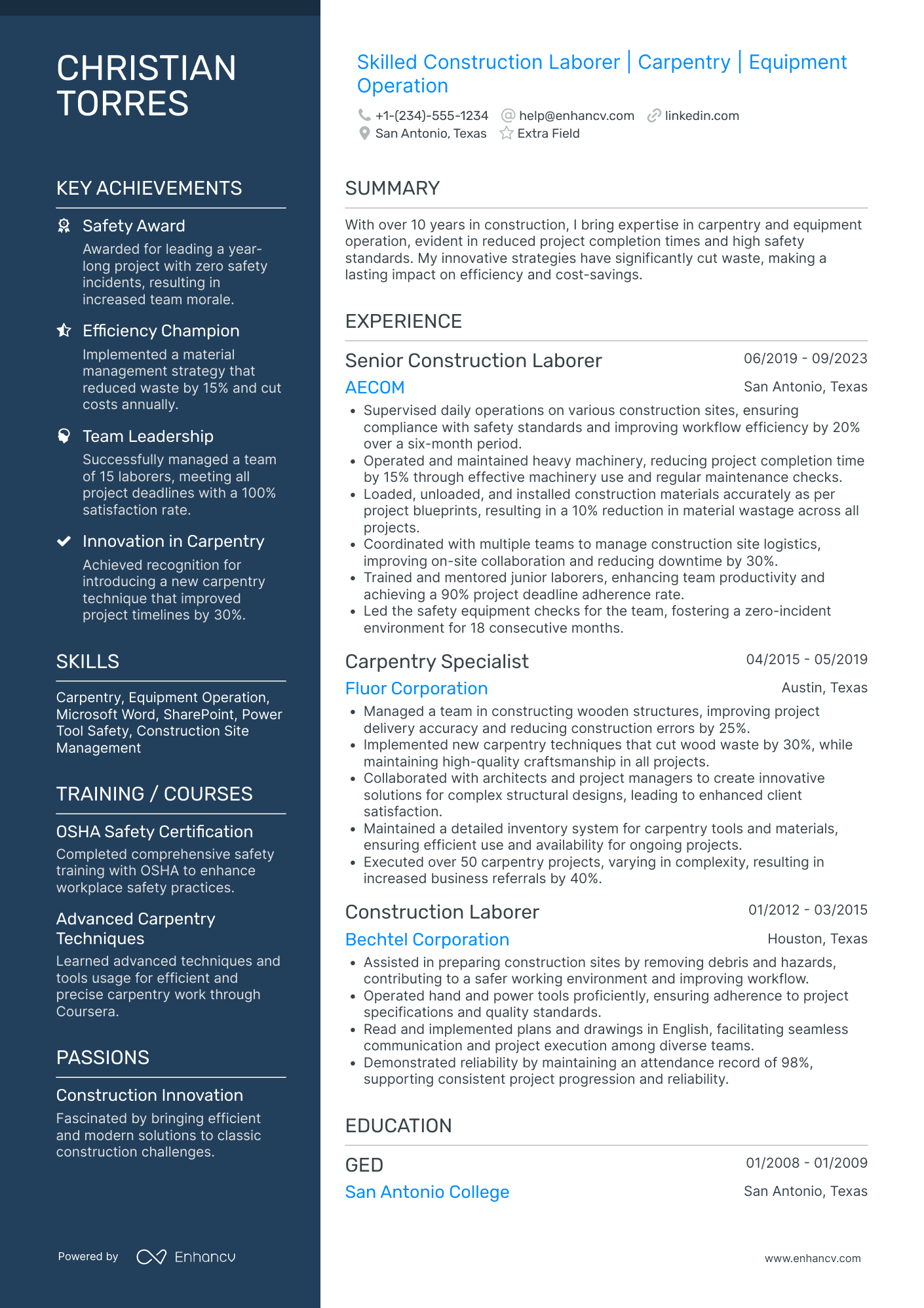 Skilled Construction Worker Resume Example