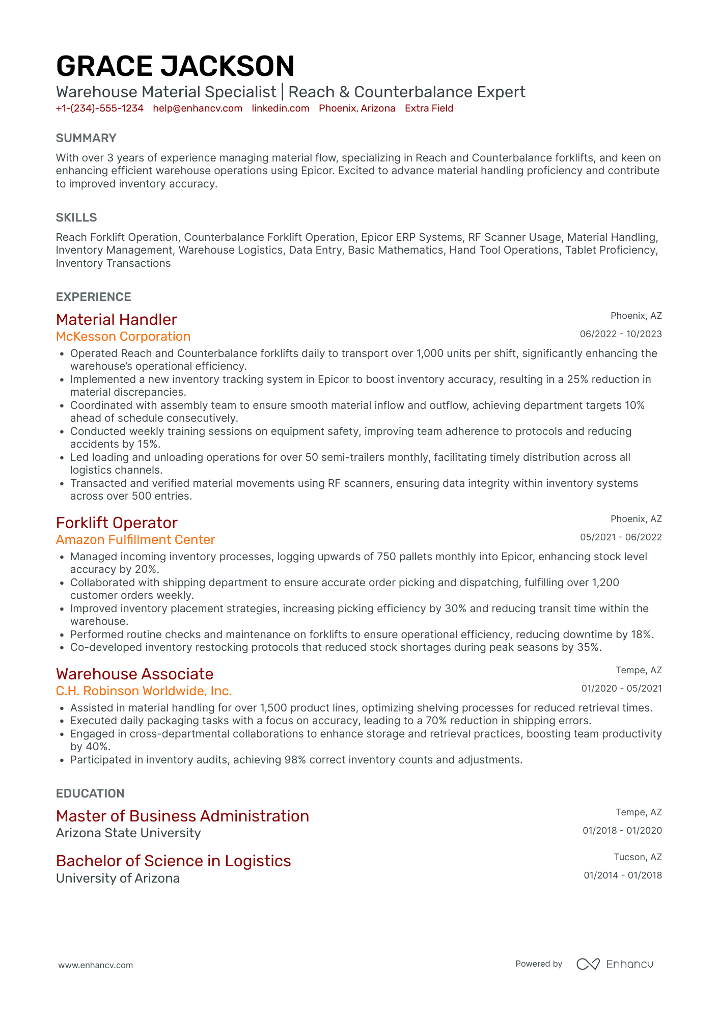 Senior Material Handler Resume Example