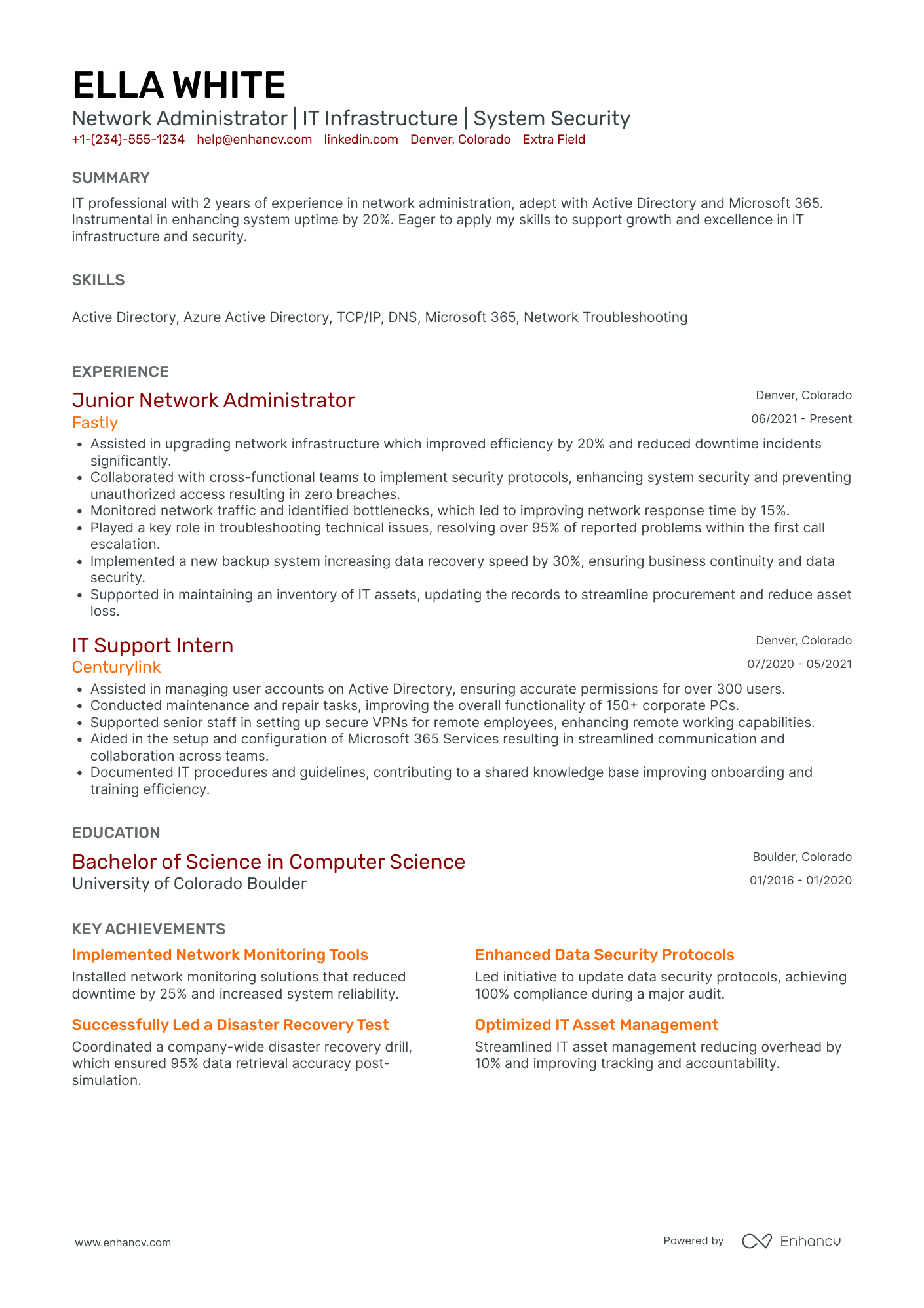 Junior Network Administrator Resume Example