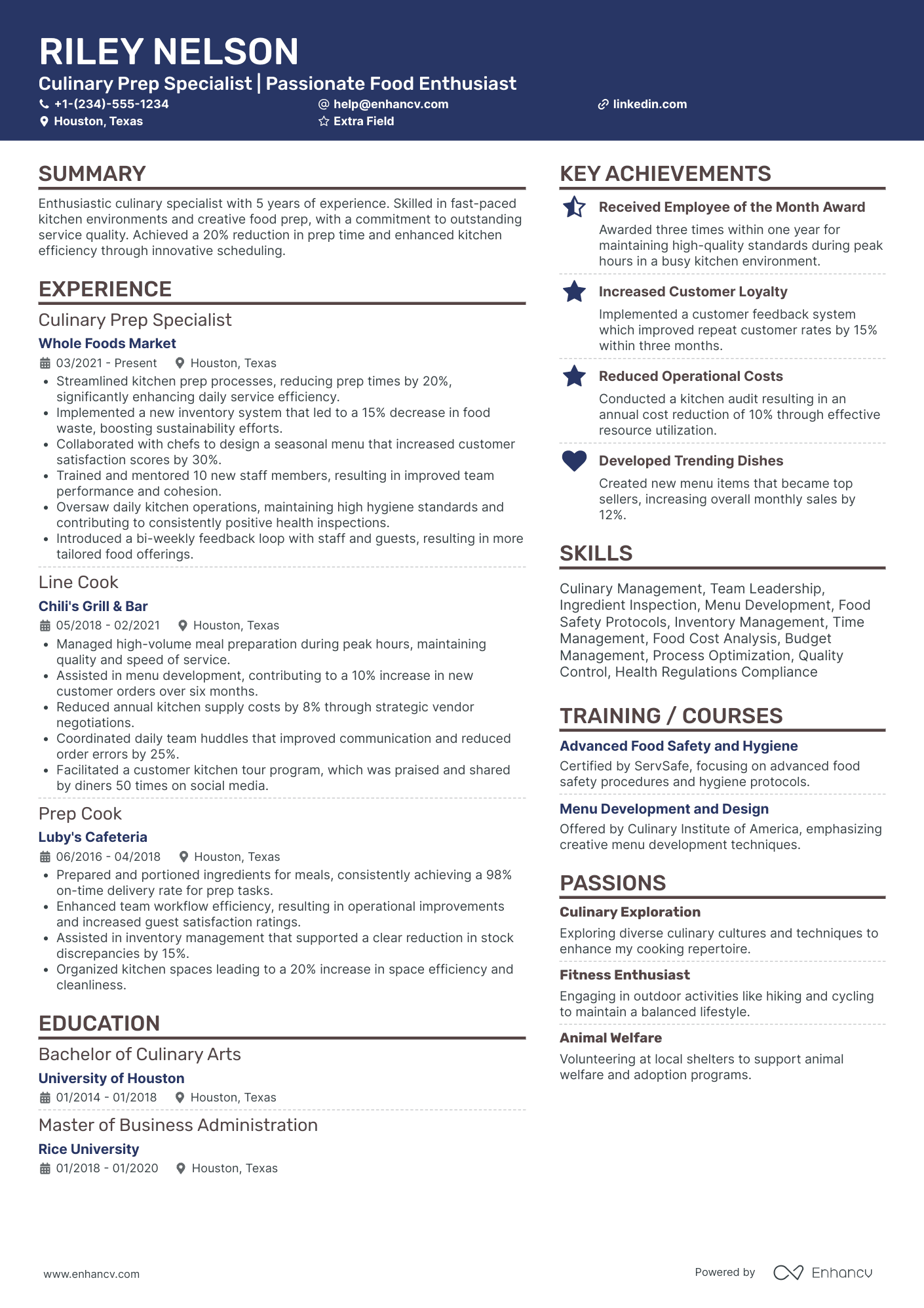 Experienced Prep Cook Resume Example