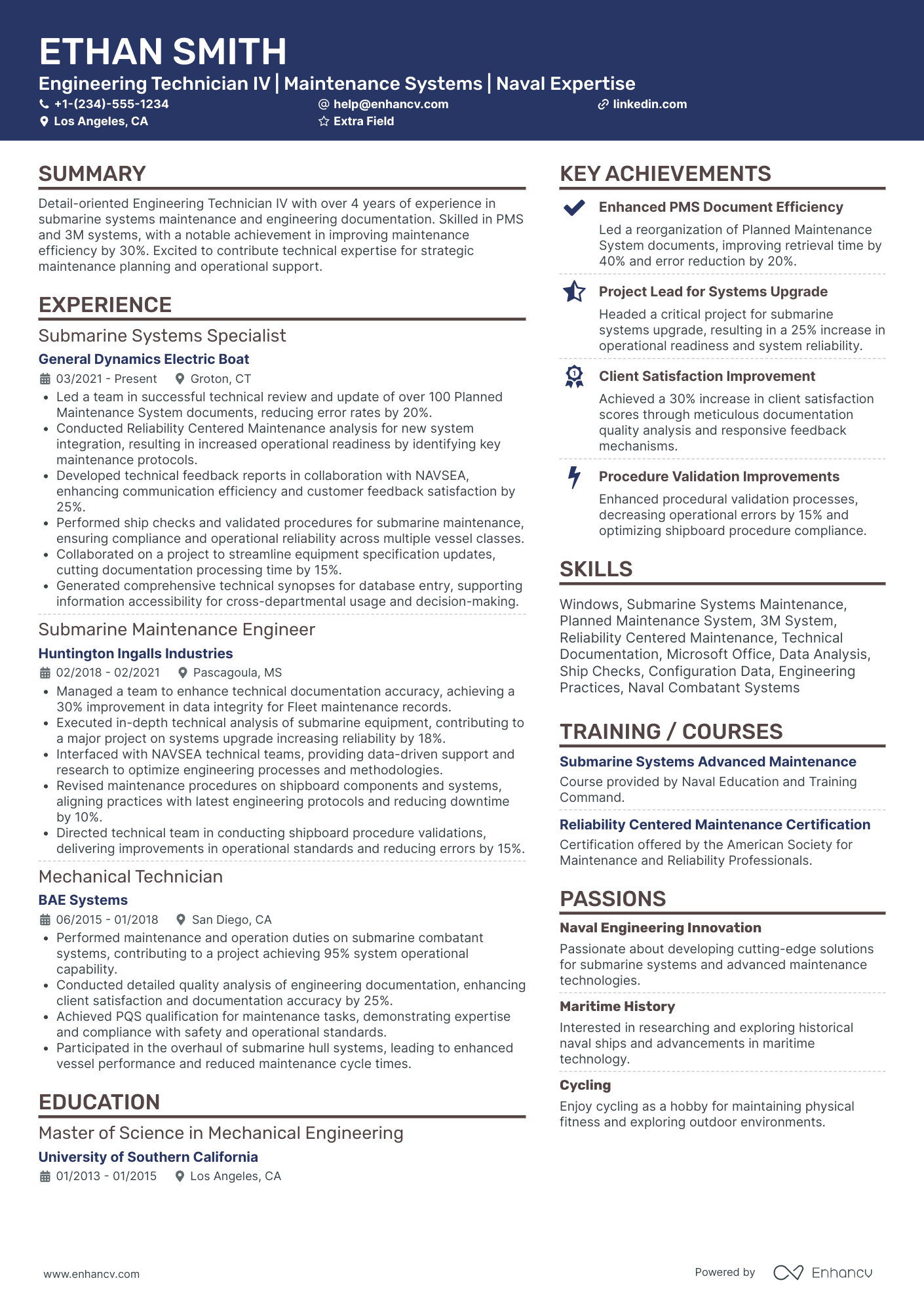 US Navy Submarine Officer Resume Example