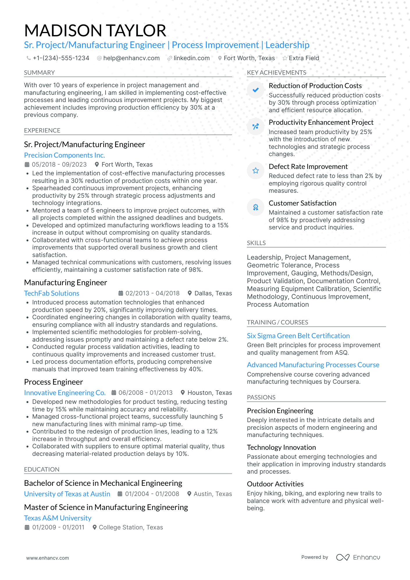 Manufacturing Project Engineer Resume Example