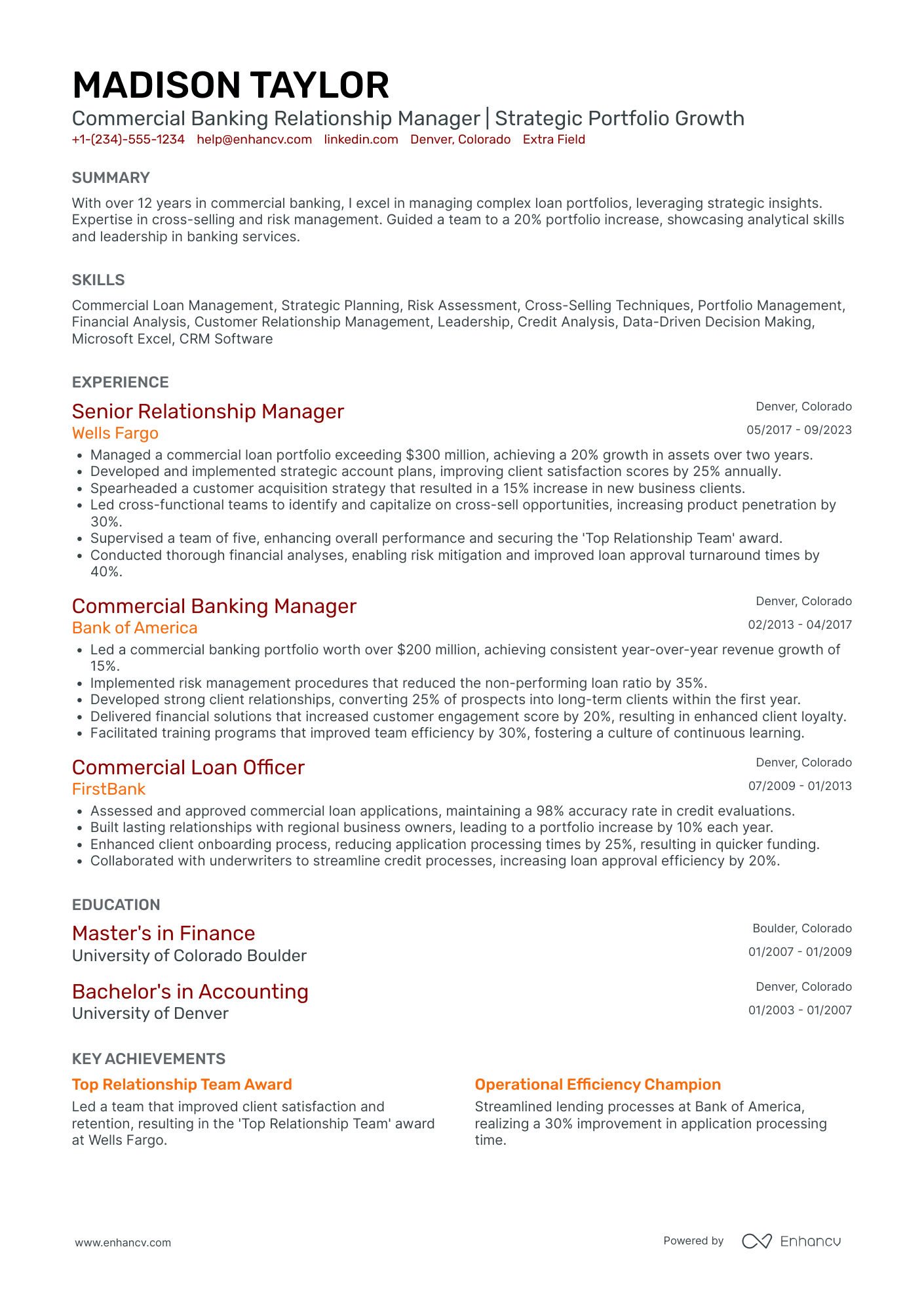 Commercial Bank Manager Resume Example