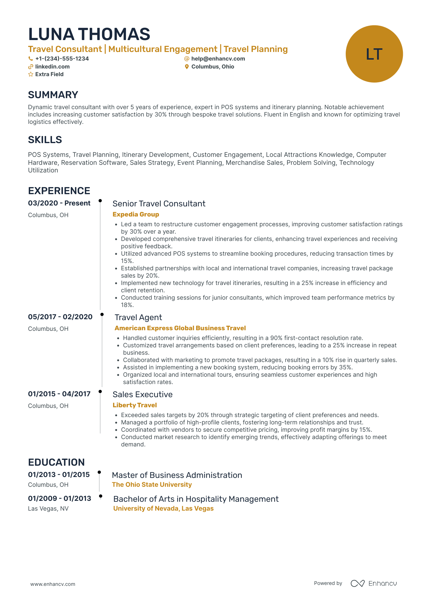 Senior Travel Consultant Resume Example