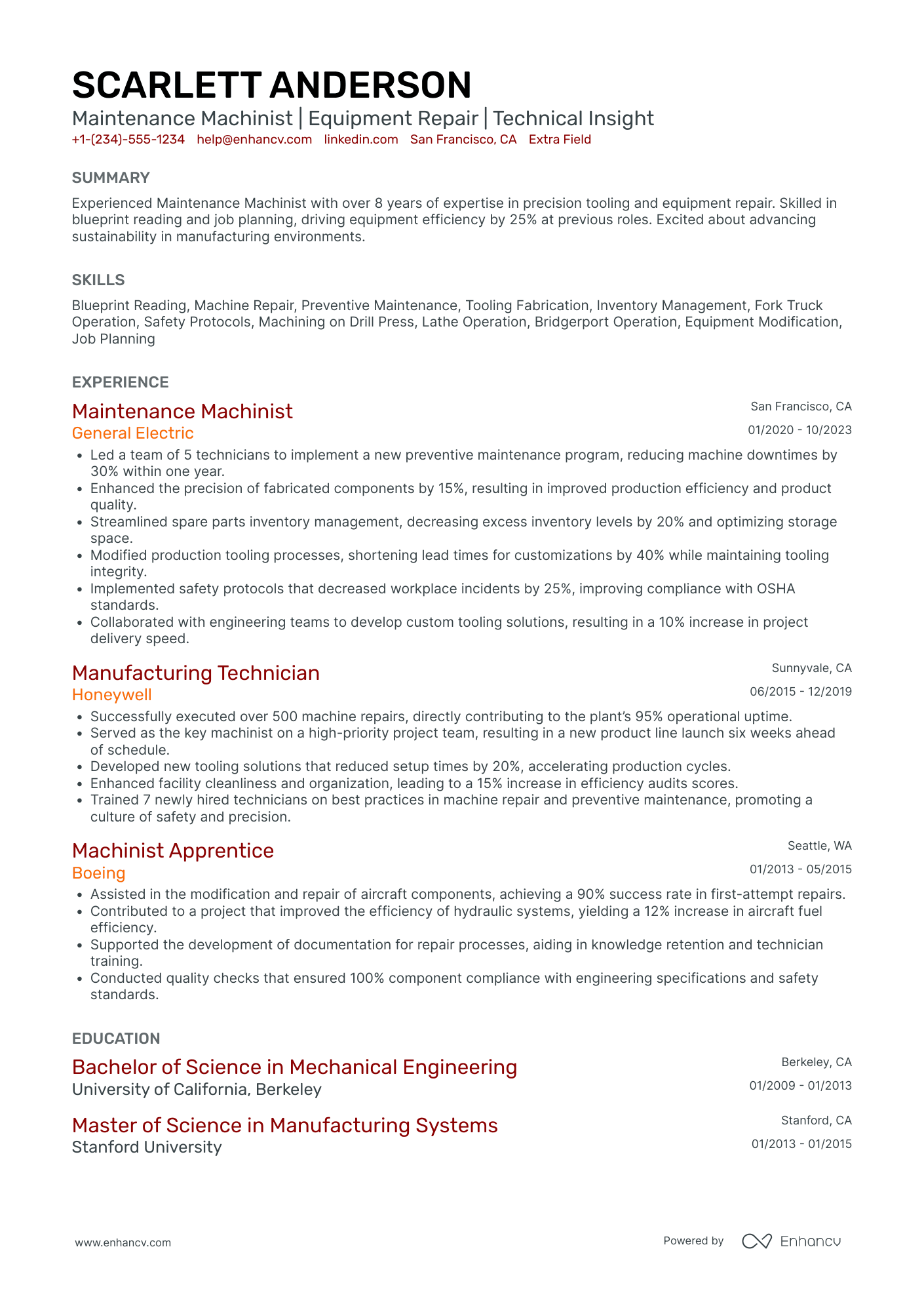 Maintenance Machinist Resume Example