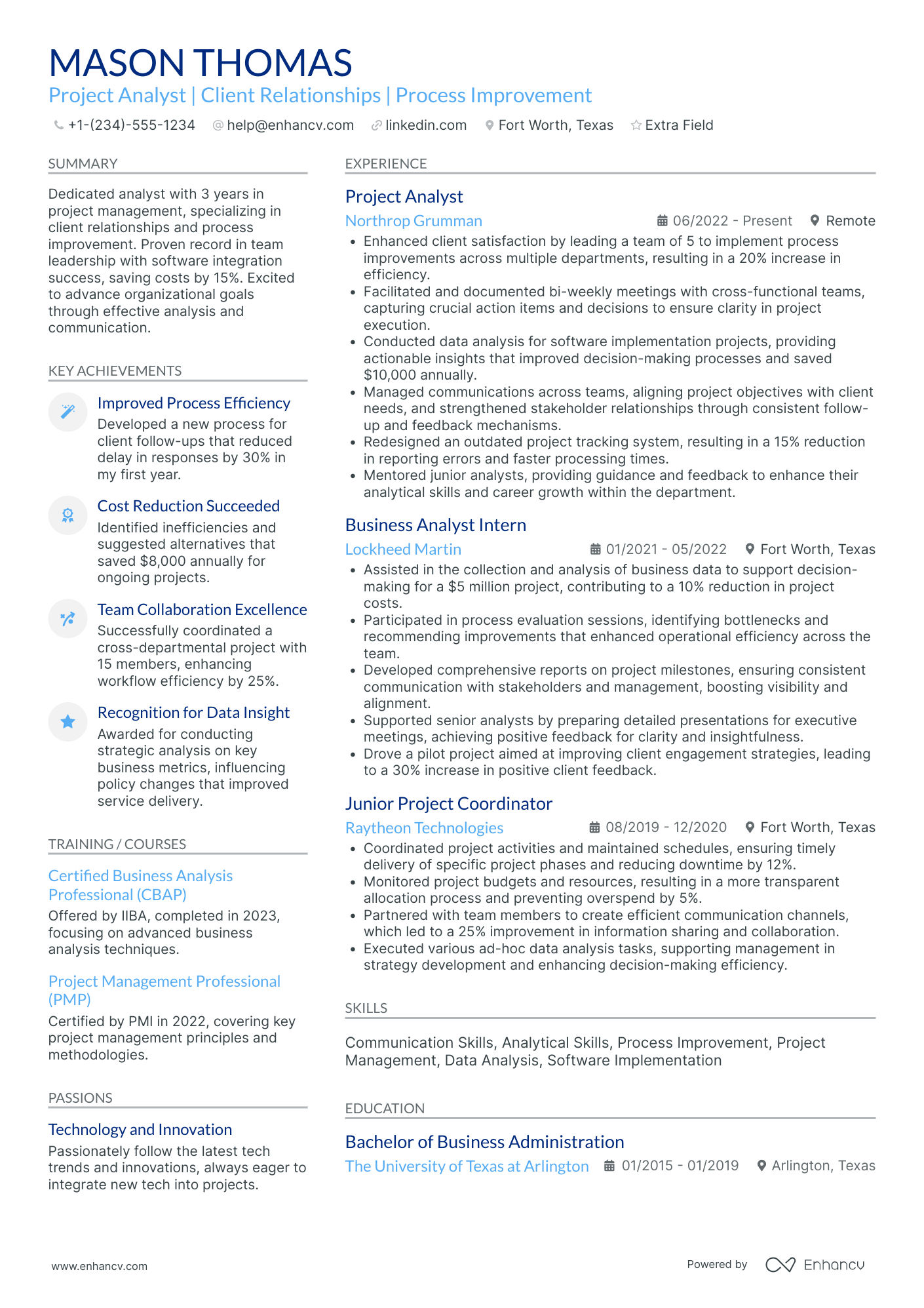 Junior Project Analyst Resume Example