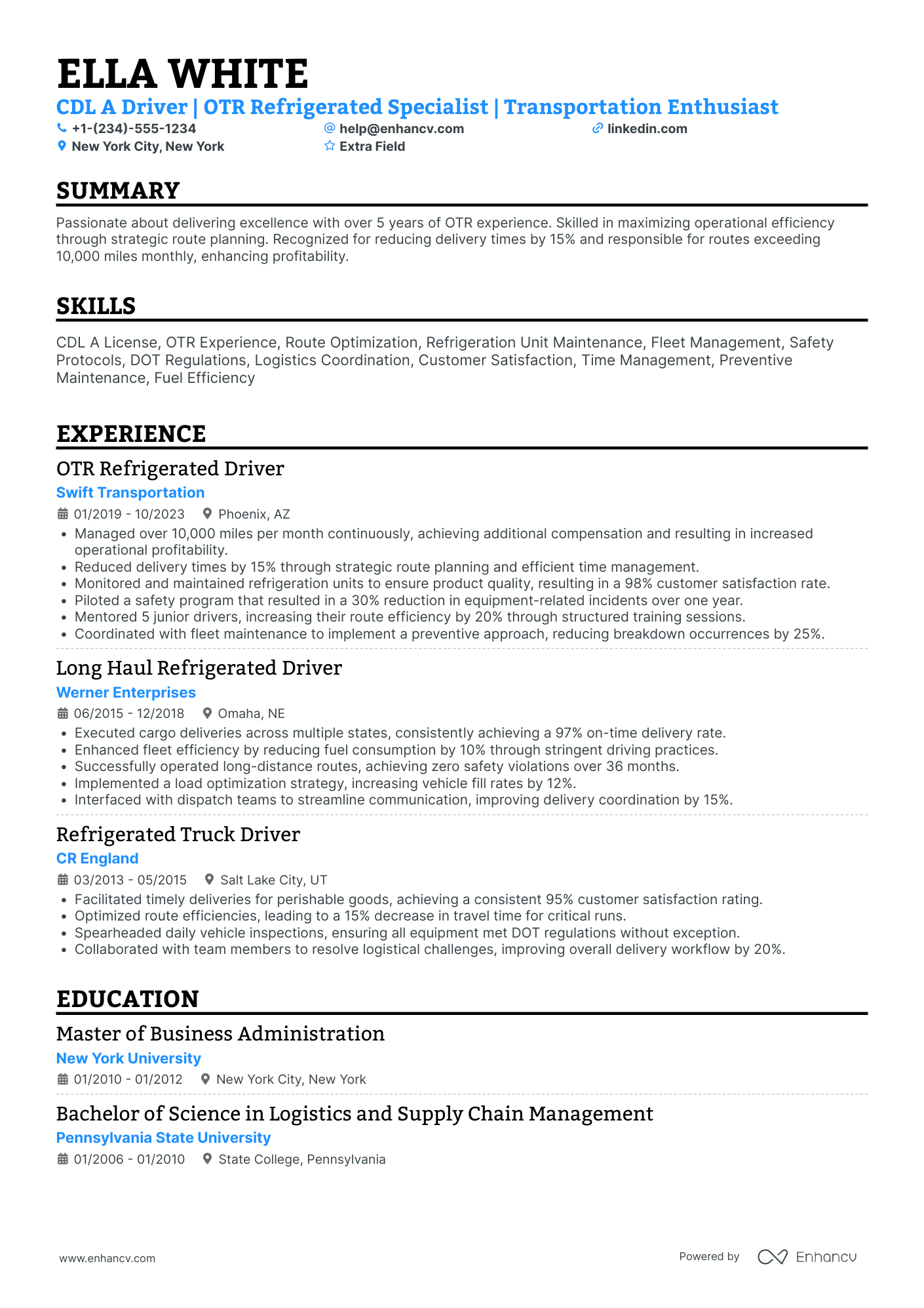 Refrigerated Truck Driver Resume Example