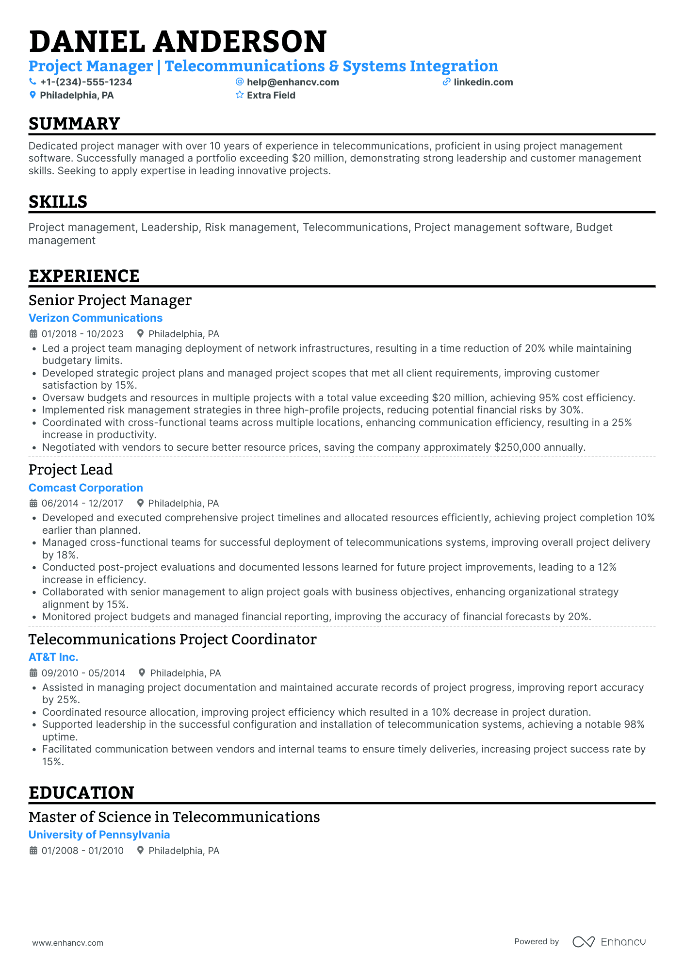 Telecommunications Project Manager Resume Example