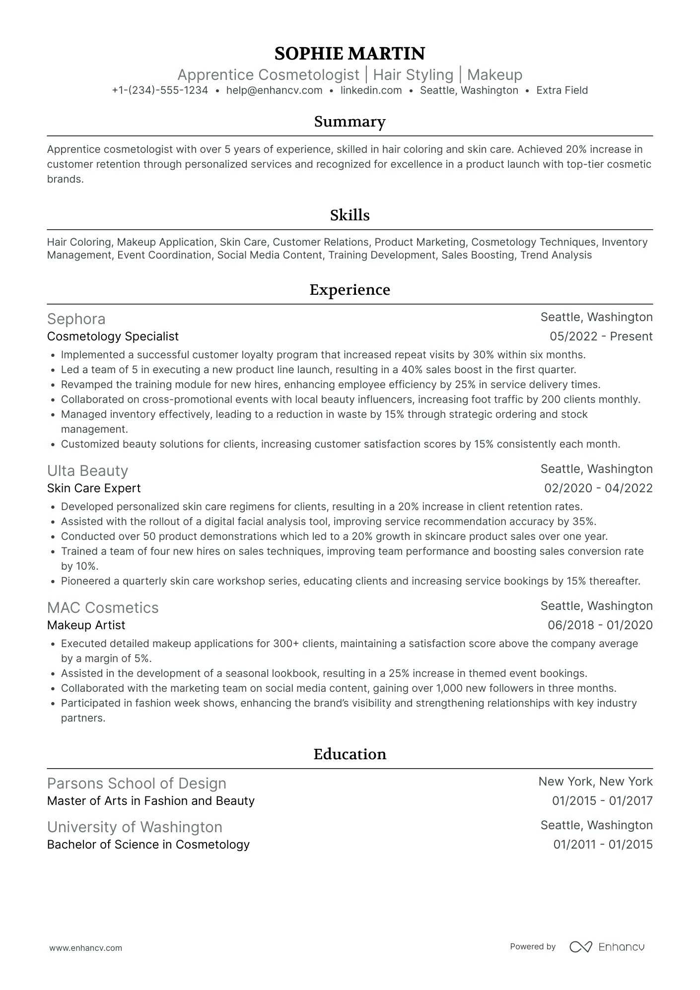 Apprentice Cosmetologist Resume Example