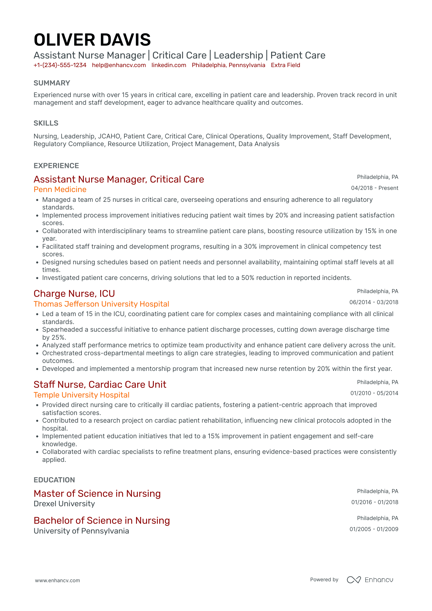 Critical Care Nurse Manager Resume Example