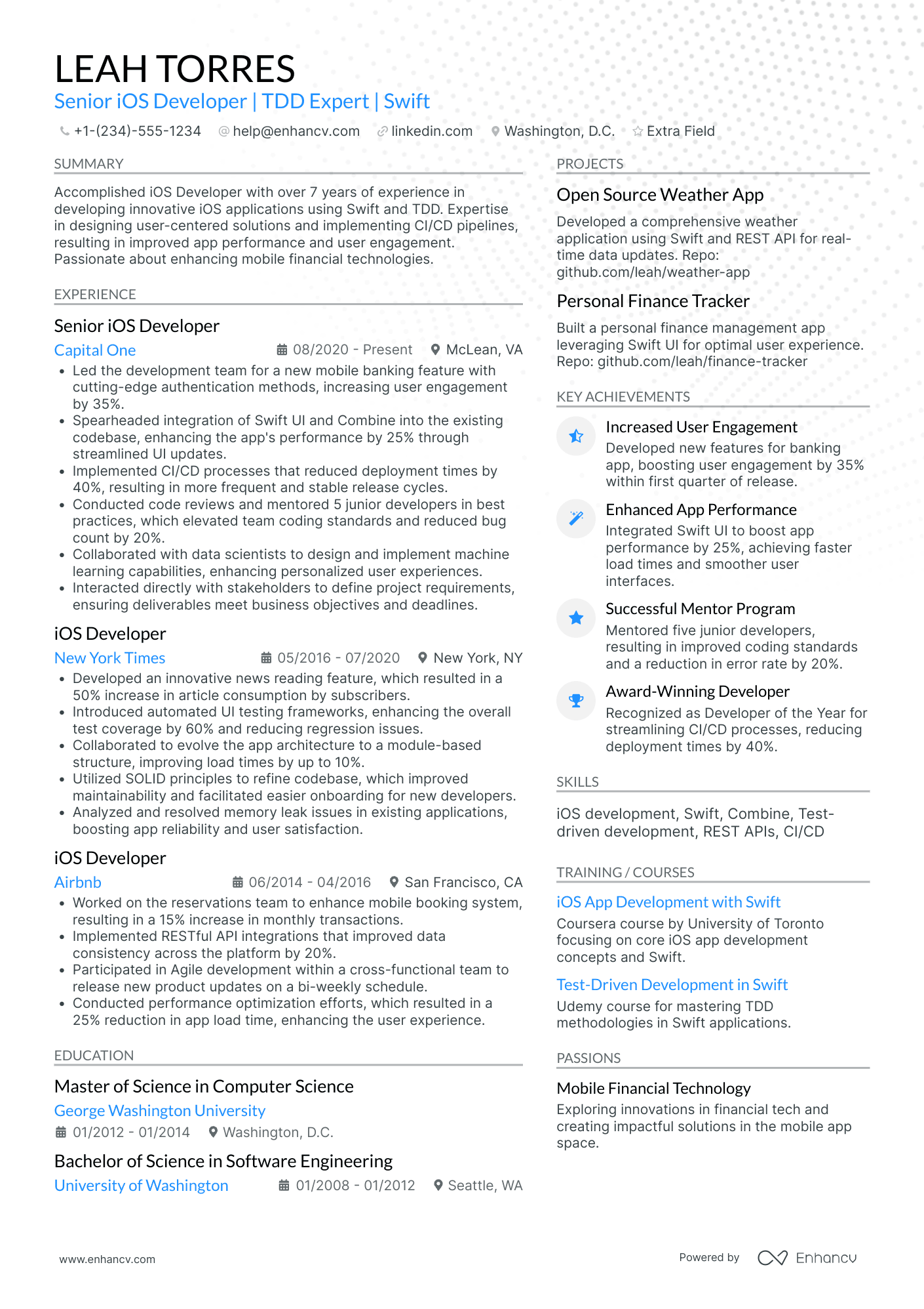 iOS Developer, Education Technology Resume Example