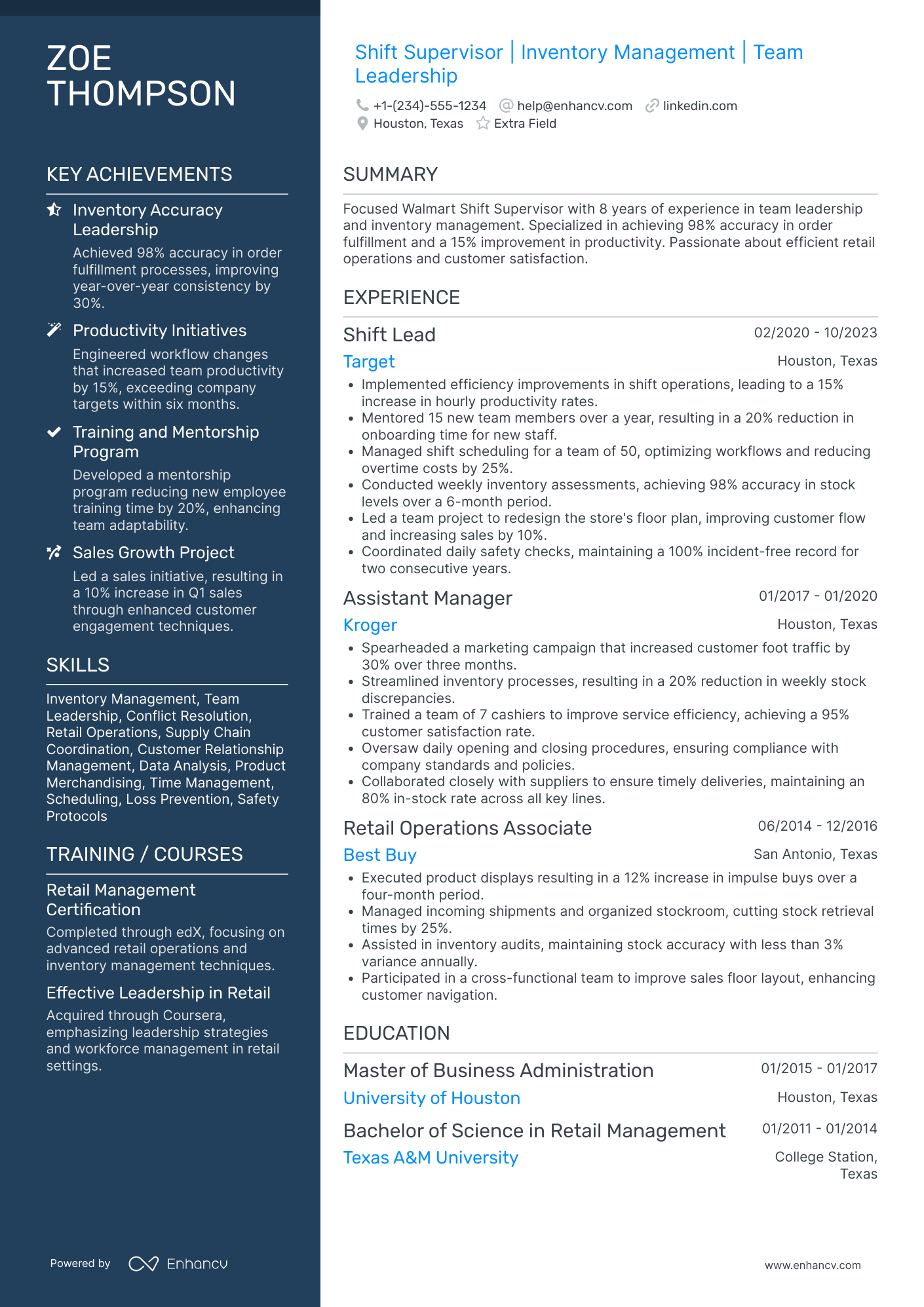 Walmart Shift Supervisor Resume Example