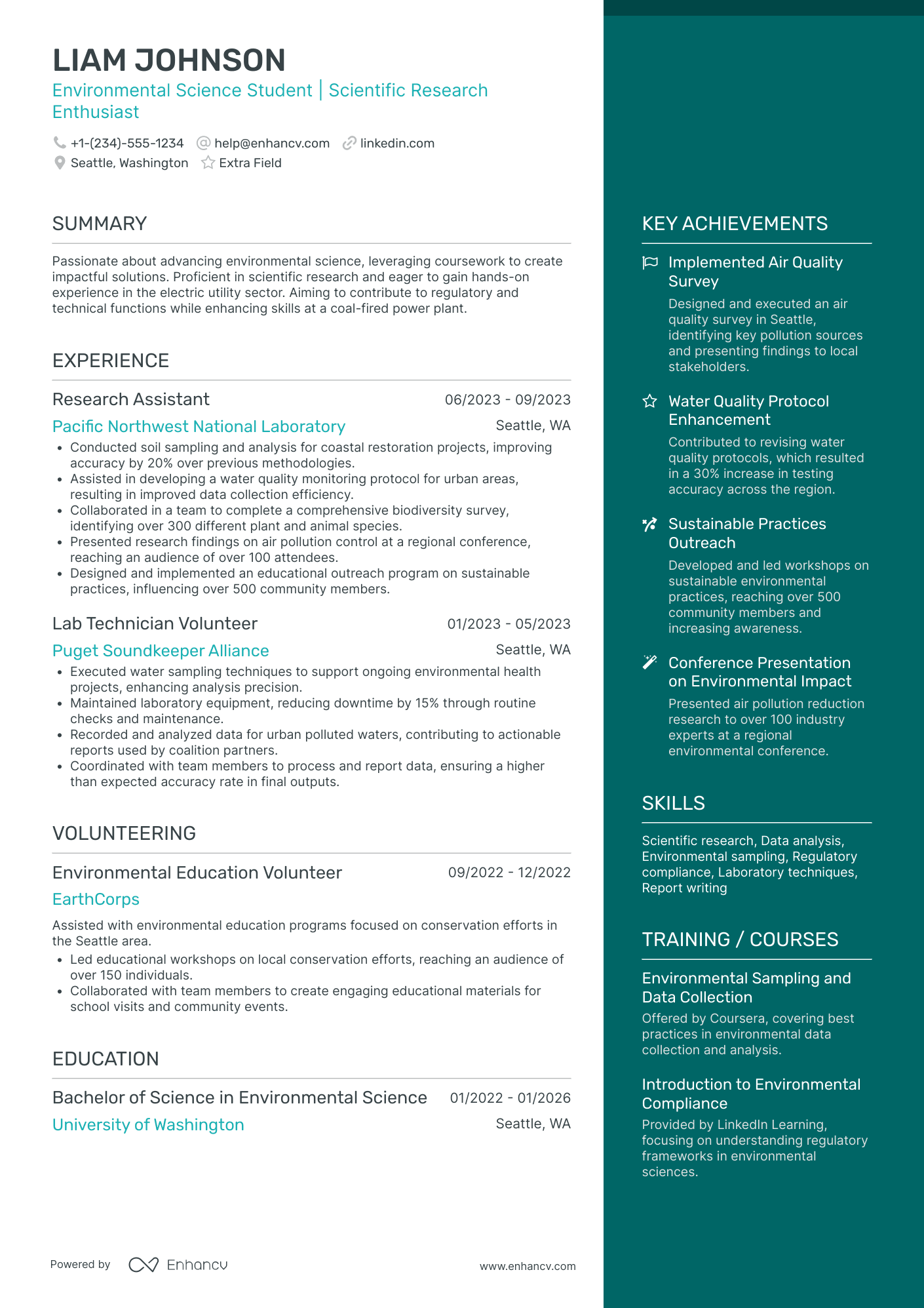 Environmental Science Intern Resume Example