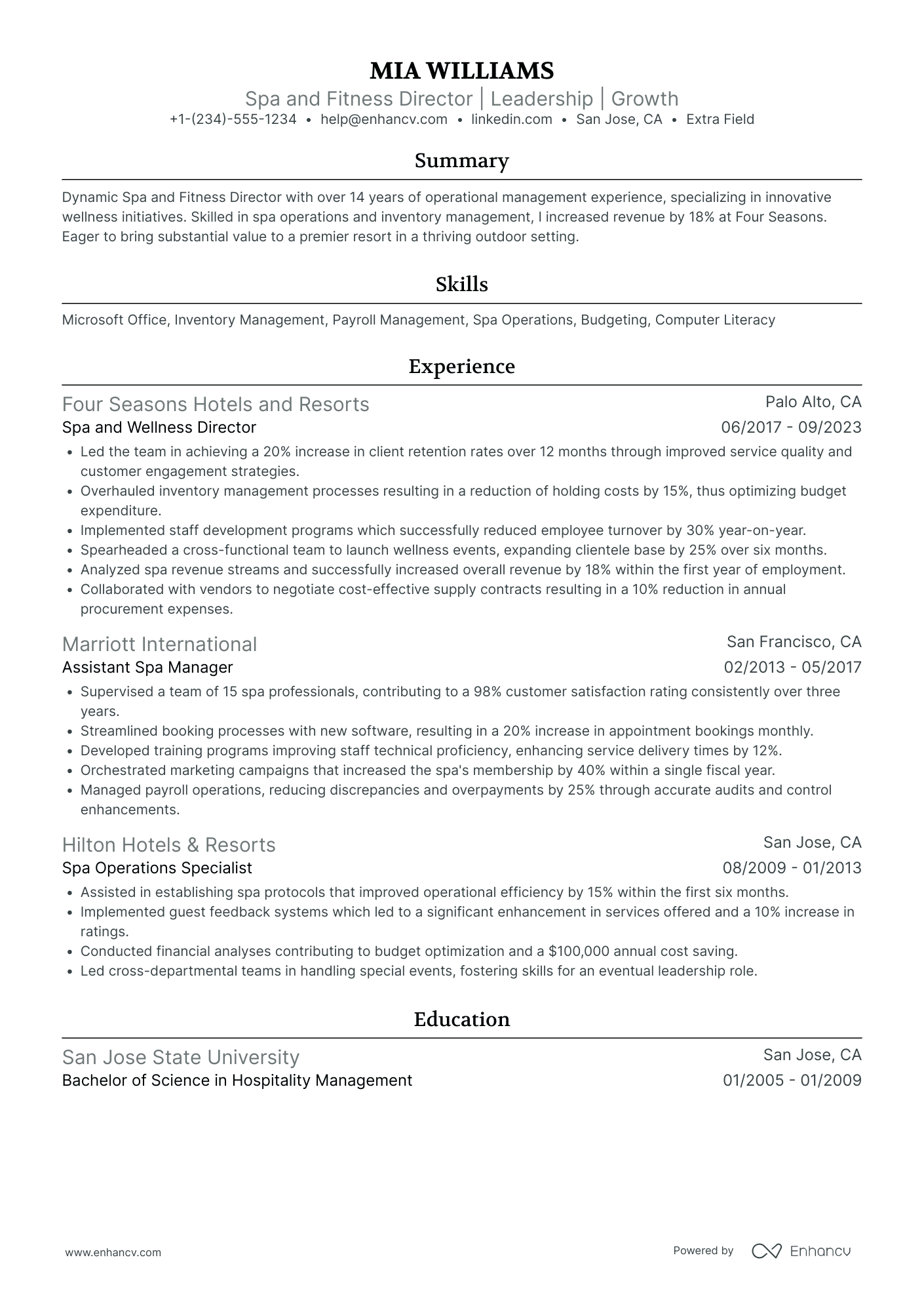 Senior Spa Manager Resume Example