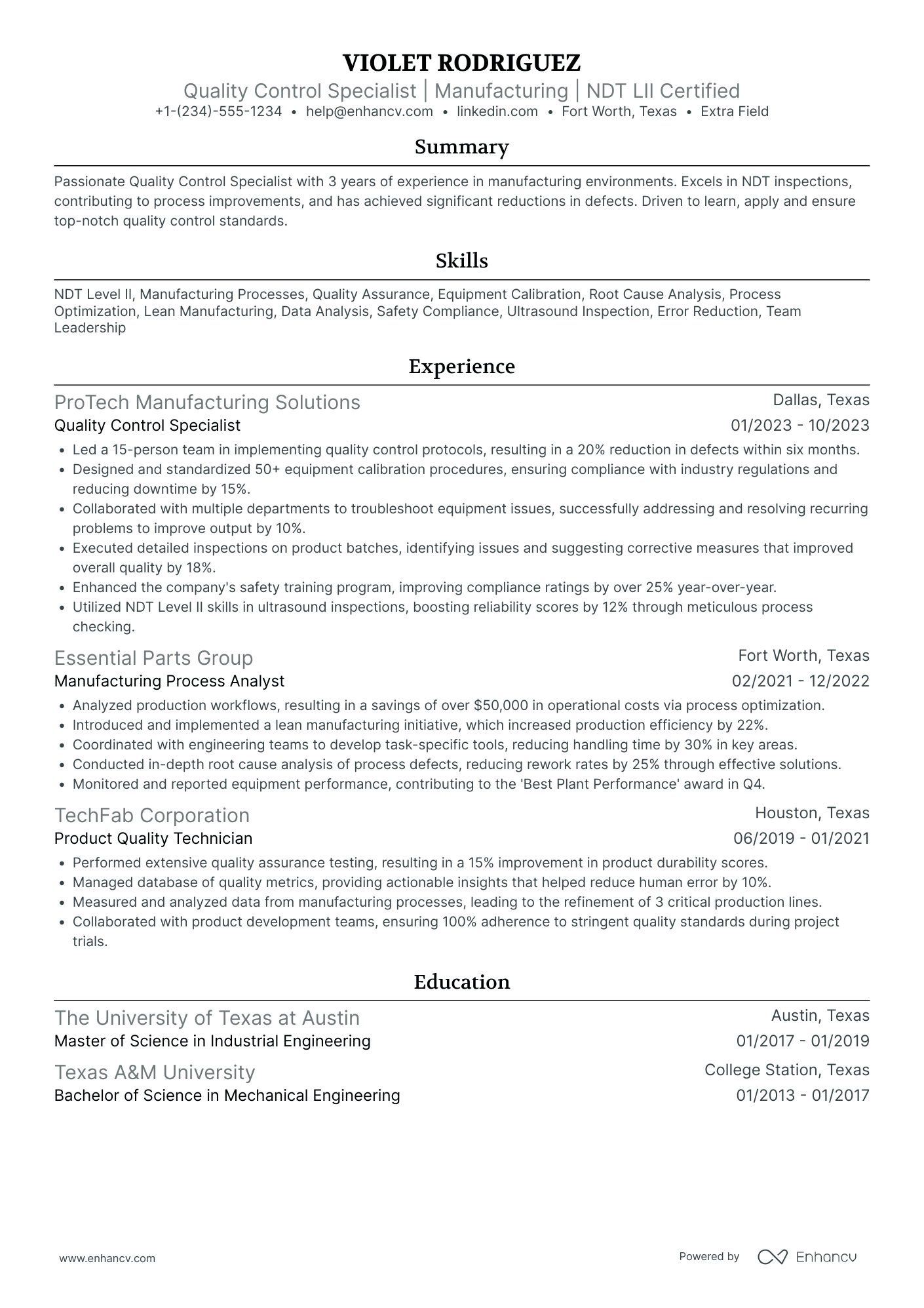 Quality Control Trainee Resume Example