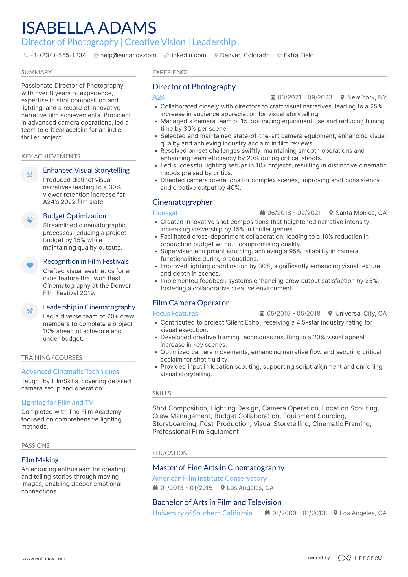 Director of Photography (Cinematographer) Resume Example