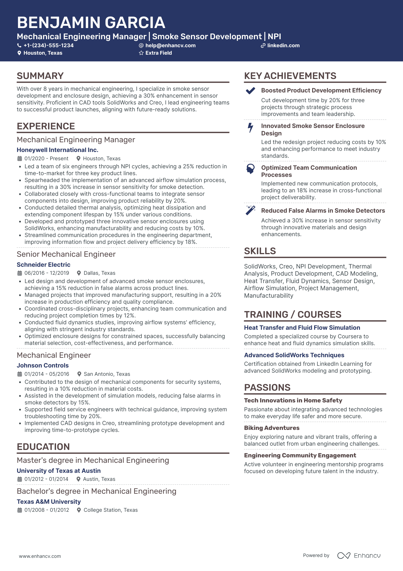 Mechanical Engineering Manager Resume Example