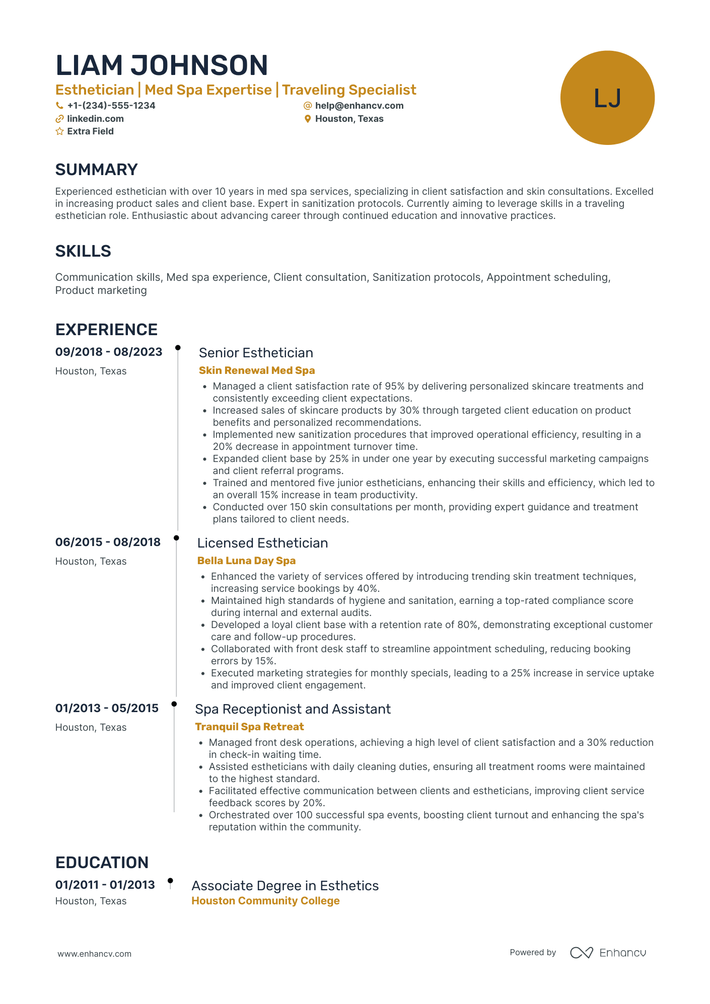 Traveling Esthetician Resume Example