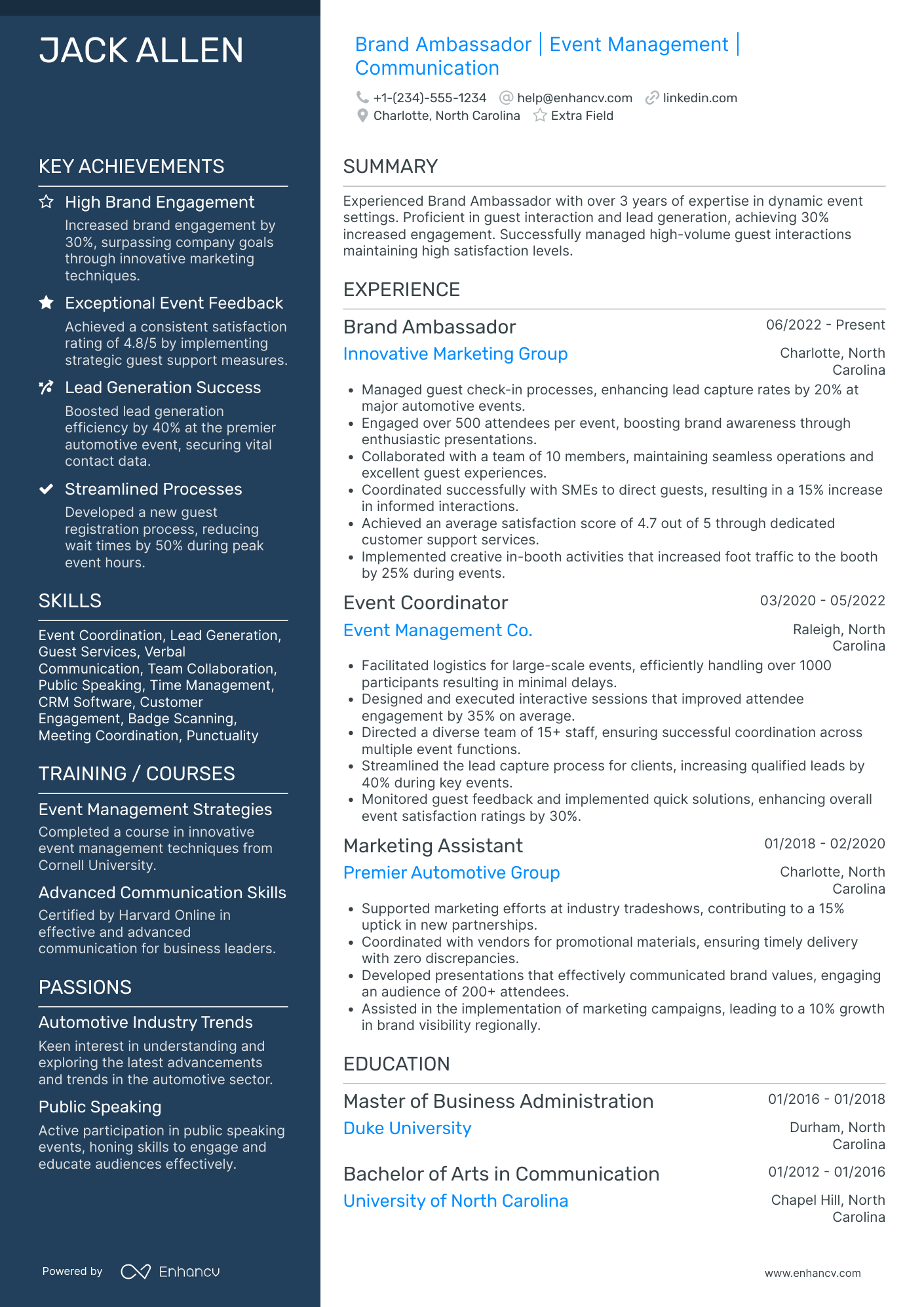 Brand Ambassador Team Lead Resume Example