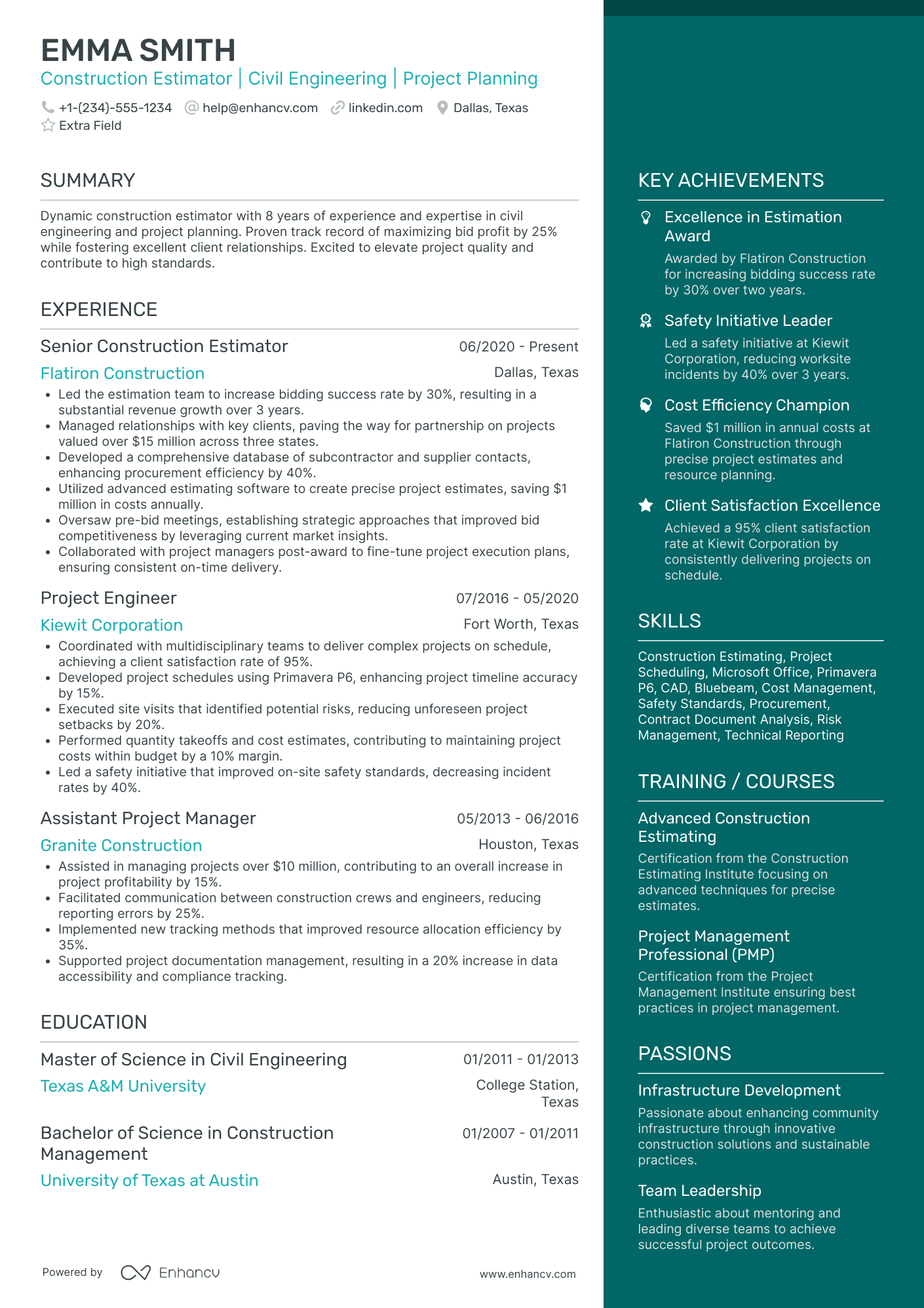 Civil Engineering Estimator Resume Example