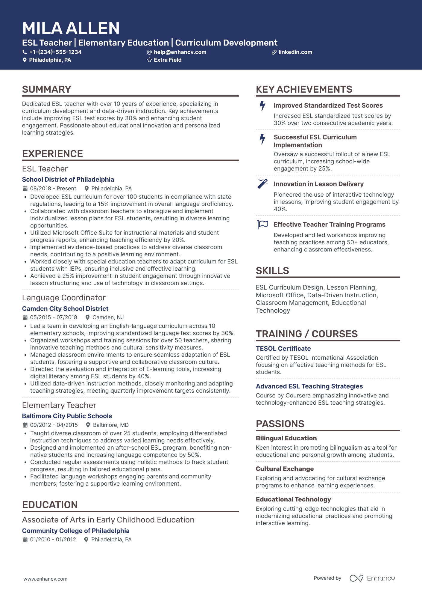 Elementary School ESL Teacher Resume Example