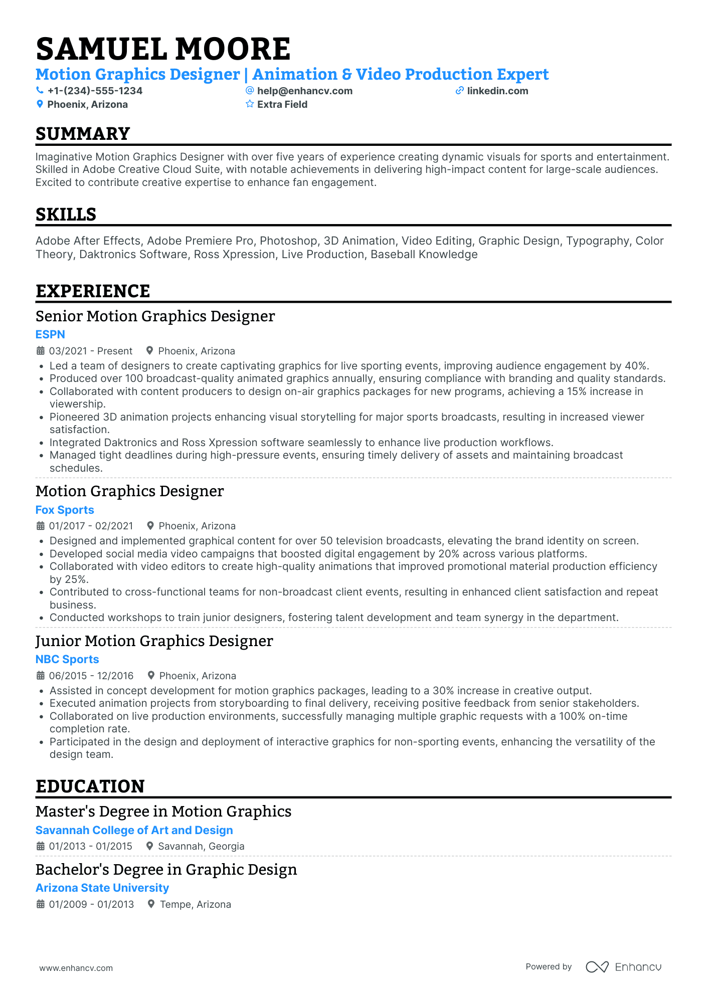 Motion Graphics Project Manager Resume Example