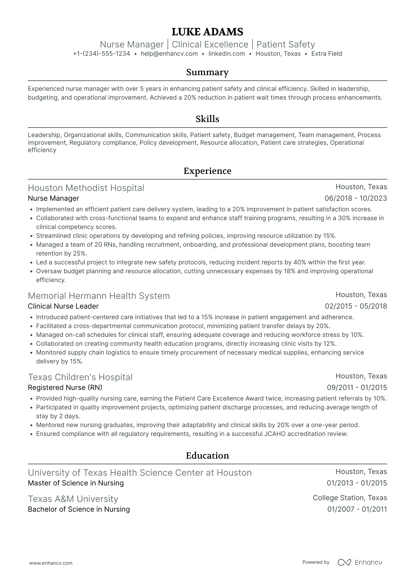 Obstetrics and Gynecology Nurse Manager Resume Example