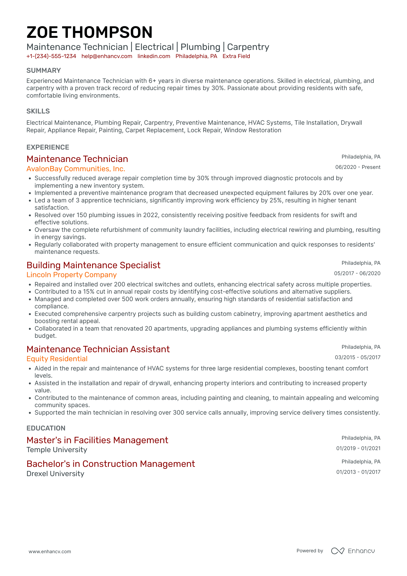 Lead Maintenance Technician Resume Example