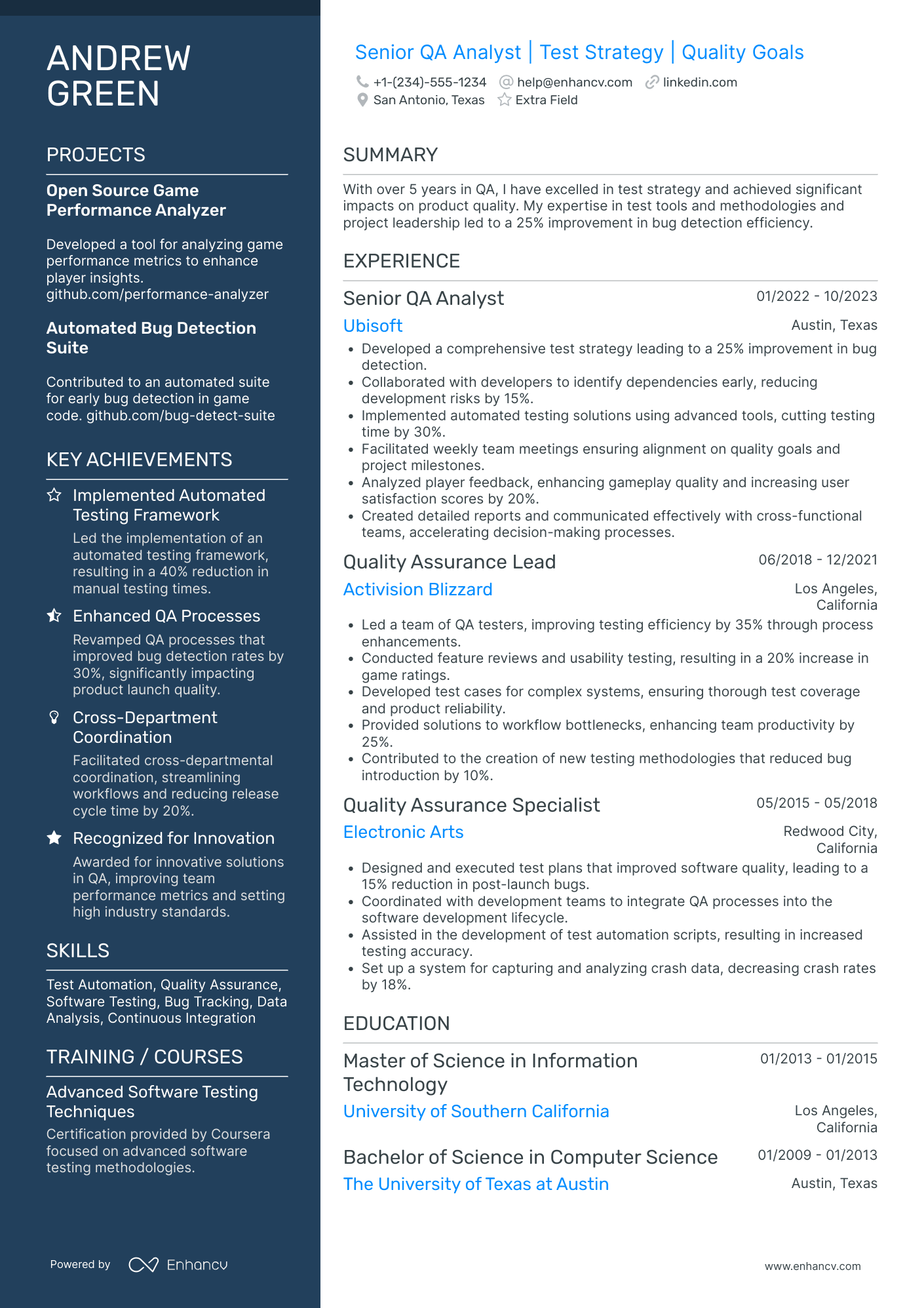 Senior QA Analyst Resume Example