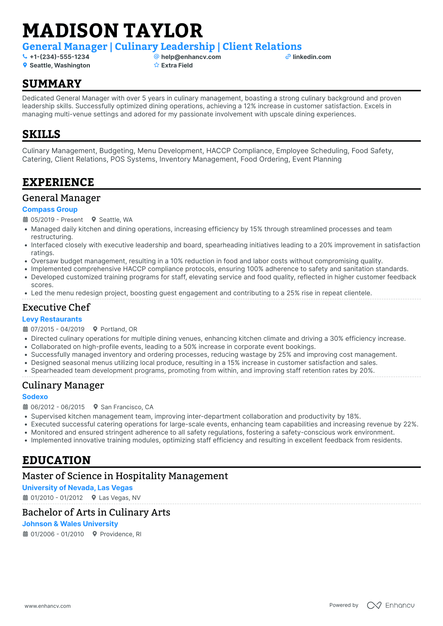 Culinary Manager Resume Example